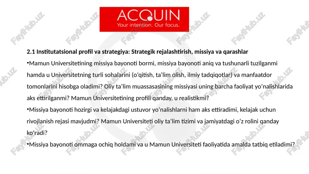i? 2.2 boshqaruv, tashkiliy tuzilma va ma’muriyat mamun universitetining turli sohalari o‘zaro qanday bog‘langan? moliyalashtirish va mablag‘lar: mamun universitetida mablag‘lar qanday taqsimlanadi? qaysi nizomlar/mezonlarga ko‘ra? ushbu jarayon shaffofmi? talabalar ishtiroki: talabalar qo‘mitalardagi ishtiroki va ularning faol qatnashuvi qanday yo‘lga qo‘yilgan? 2.2 boshqaruv, tashkiliy tuzilma va ma’muriyat oid berilishi mumkin bo‘lgan asosiy namunaviy savollar fakultetlar va akademik bo‘limlar qanday o‘zaro bog‘langan? masalan, dekanlar qanchalik tez-tez uchrashishadi? akademik bo‘limlar va fakultetlar o‘rtasida mablag‘lar qanday taqsimlanadi? ular bu jarayonni qanday boshqarishadi? akademik bo‘limlarda o‘z faoliyat maydonini yaratishda ular qanchalik akademik erkinlikka ega? gap qo‘mitaga qancha talaba jalb qilinishi haqida emas, balki talabalar qo‘mita a’zosi bo‘lishga jalb qilinadimi? talabalar ishtirok etishadimi? masalan, o‘quv dasturlarini ishlab chiqishda ular qiziqish bildirishadimi? turli darajalarda qaror qabul qilish jarayoniga talabalar ishtiroki qanday? 2.3 ta’lim jarayoni va o‘qitish ta’lim dasturlarining umumiy maqsadlari qanday? maxsus ustuvor jihatlar bormi? talabalar qanday kompetensiyalar va bilimlarni egallashi kerak? ular mamun universiteti missiyasi bilan …
