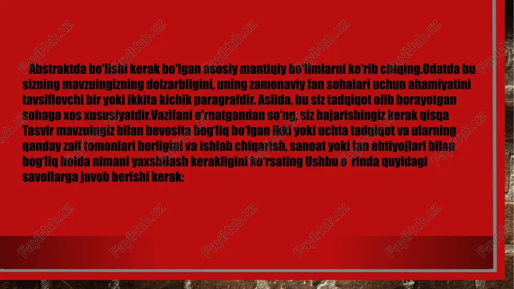 kin. hozirgi vaqtda ma'ruza tezislarini ko'rib chiqish natijalariga ko'ra, xalqaro konferentsiya tashkiliy qo'mitasi nafaqat tegishli ma'ruzani konferentsiya dasturiga kiritish to'g'risida qaror qabul qilish, balki ko'pincha ishtirok etish uchun haq to'lash amaliyoti keng tarqalgan. muallifning (to'liq yoki qisman) o'z ma'ruzasining yuqori ahamiyati tufayli.har qanday abstrakt ikkita asosiy turdan biriga tasniflanishi mumkin: boshqa muallifning nashriga asoslangan tezislar. o'zining original materiali asosida yozilgan tezislar. birinchi holda, referat muallifi material bilan oldindan tanish emas va uni diqqat bilan o'rganishi kerak. shuning uchun, dastlabki tanishuvdan so'ng, matn ikkinchi marta o'qiladi. matn bir nechta bo'limlarga bo'lingan. keyin ular tanlangan matnning har bir qismida uning dastlabki artikulyatsiyasini aniqlagan narsani topadilar; ushbu asosiy narsani nashrning matnida yozib qo'ying yoki vaqtincha qayd qiling. keyin, ta'kidlanganlarni yaxshilab o'ylab, uning mohiyatini tushunib, alohida qoidalarni ishlab chiqadilar. bu dissertatsiya bo'ladi. ikkinchi tur aynan tezislardir ilmiy ishlar- ma'ruzalar, taqdimotlar, maqolalar va h.k.. bunda muallif masalani yaxshi biladi va uning asosiy vazifasi bu masalani …