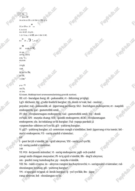 , - tilchasiz; 19z - yaltiroq barg; b - antotsian rangni kuchaytiruvchi; sk - mayinlikning yo'qligi; fi,- kraxmalli endospenn; ts, - donli ro'vak; v4 - sariq-yashil o'simtalar; ch - shokolad rangidagi perikarp. 146 ii iii iv sl-rasm. drozofila xromosomalarining genetik xaritasi. 147 , 11 m it r 21 m rm a r fi sr, 0 "'~, 0 cr, 0 (je, 0 0 0 hl r ~ 01 ~ (10, 0 ot, 0 "p 1 ¥fr /i t.q, 1$ go. ,~ d, ,,, ,s agin j 17 'i, ,,, ms, 16 of ii r;:n ~i p is 77 ~11 ~m, 6t, "6~, 10 l~ in ~j 16 jr ii 16 ,sh, ii ii " jo 91, js fia, j1 pg.. ~r gl, ra, " 6l, j8 to rt i, .9 6 ~", ,,'!} +6 pr ~1 .., 6" pi .6 so st tp, +" ip u !ii 56 06 56 611 …