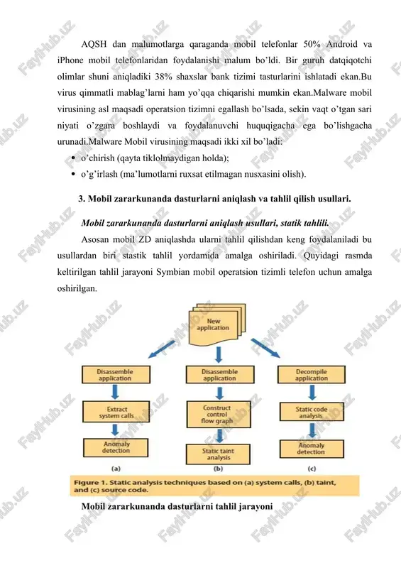 jarayoni symbian mobil operatsion tizimli telefon uchun amalga oshirilgan. mobil zararkunanda dasturlarni tahlil jarayoni rossiyada antivirus dasturlarini ishlab chiqarish bilan shug’ullanuvchi kasperskiy laboratoriyasi mobil zd larni tahlilini amalga oshirib quyidagilarni aniqlagan: · 2.961.727 zararli paketlari o’rnatilganini; · foydalanuvchi virusni o’chira olmasligini; · faol noqonuniy ilovalar operatsion tizimni egallashini; · tajovuzkor reklama namoyish qilish uchun super-foydalanuvchi huquqlarini zd olganini; · ios uchun zd larni miqdori ortganini; · foydalananuvchining bank hisobidan zd pul o’g’irlanish holatlarini aniqlagan. budan tashqari kasperskiy laboratoriyasi 2,96 mln zararli paketlarni aniqlagan. 4. mobil zararkunanda dasturlarni rivojlanishi. mobil zararkunanda dasturlarni rivojlanishi. hozirgi kunda yanada jadallashib rivojlanib borayotgan android tizimi o'yin va dasturlarni o'z ichki sistemasiga o’rnatadi. shu qatorda mobil zd ham. xo'sh zd qanday qilib androidni egallaydi? ko'p hollarda viruslar o'yin yoki ilovalar orqali androidga boshqa fayllarga nisbatan tez o'rnashadi. qiziqarli o'yinning ostida telefoningizga qanday qilib virus kirib olganini sezmaysiz ham. virus ilovani (apkni) o'rnatayotgan vaqtingizda android telefoningiz dasturlari …