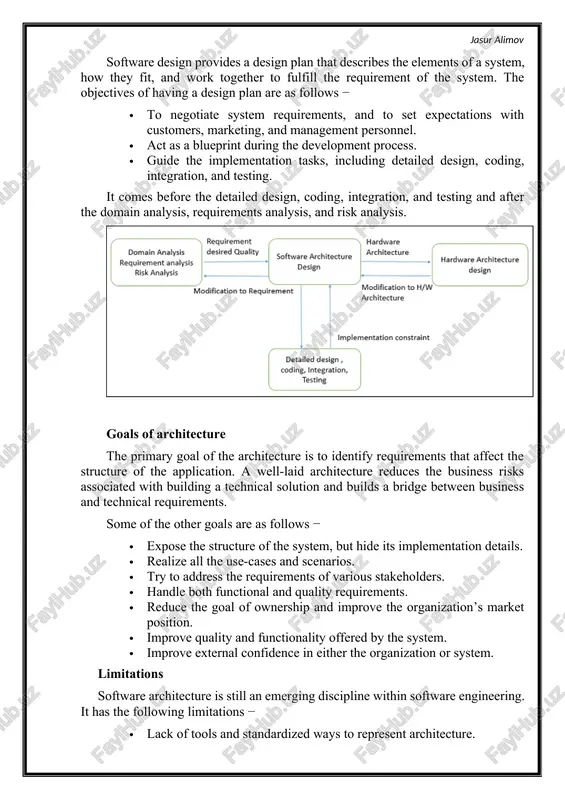 · expert on available technologies that helps in the implementation of the system. · coordinate the selection of programming language, framework, platforms, databases, etc. methodological expertise · expert on software development methodologies that may be adopted during sdlc (software development life cycle). · choose the appropriate approaches for development that helps the entire team. hidden role of software architect · facilitates the technical work among team members and reinforcing the trust relationship in the team. · information specialist who shares knowledge and has vast experience. · protect the team members from external forces that would distract them and bring less value to the project. deliverables of the architect · a clear, complete, consistent, and achievable set of functional goals · a functional description of the system, with at least two layers of decomposition · a concept for the system · a design in the form of the system, with at …