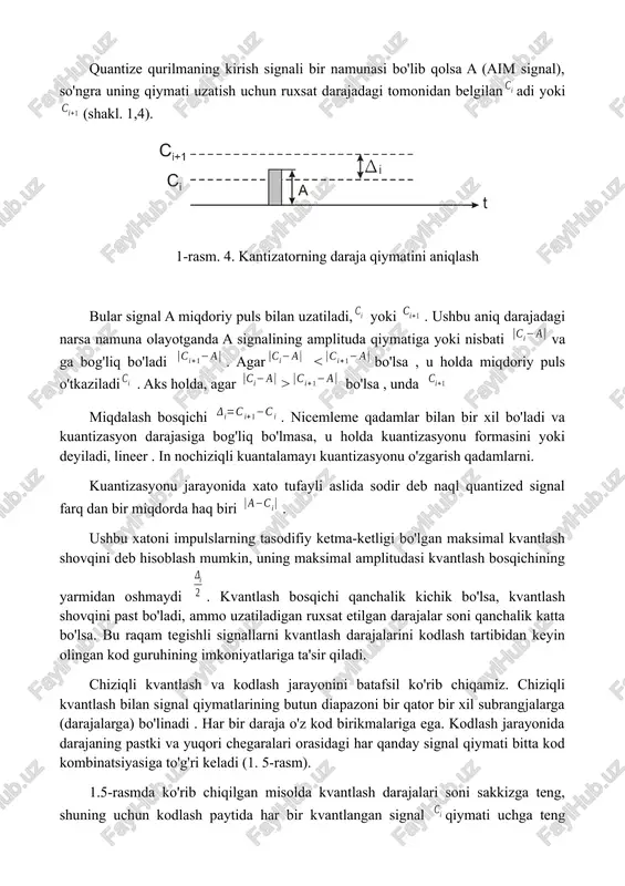 an foydalanish mumkin. pcm bilan har bir aim - puls raqamli signalning tegishli qiymati bilan kodlangan. raqamli signal yoki kod guruhining bit kengligi turli manbalardan kelgan raqamli signallarni bitta raqamli guruh signallari shaklida guruhlash jarayoniga ta'sir qiladi (biz keyinroq ko'rib chiqamiz). bu erda pcm yo'lining kod guruhining tuzilishi - 30/32, unda har bir vaqt oralig'ida 8 bitli kododord ishlatiladi. - bitta kanalning kod guruhining bitlari. - dastlabki signalning ijobiy va salbiy qiymatlarini hisobga olgan holda bit imzosi. "+" - "-" - - kvantlash segmenti bitta segment ichida bir xil miqdordagi qadam bilan kvantlash darajasining ma'lum miqdorini o'z ichiga oladi. - kvantlash bosqichi segmentdagi kvantlash darajasining soni bilan belgilanadi. shakl: 1.6. kvantlash qonunlarining egri chiziqlari multimediyaning umumiy xususiyatlari transport foydalanuvchilar (obunachilar) tomonidan ishlab chiqarilgan trafik xususiyatlarini bilish telekommunikatsiya tarmoqlarini to'g'ri loyihalash uchun zarur shartdir . trafik qiymati to'g'ridan-to'g'ri tarmoq uskunasining kapital xarajatlarini ham, undan foydalanishdan olinadigan daromadni ham aniqlaydi [1]. multimedia …