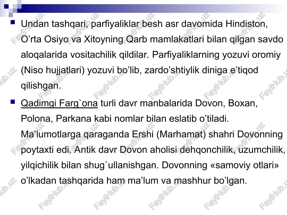 azm poytaxti. shahar me’morchiligi: turor joylar, saroy va ibodatxonalar. xorazmda sun’iy sug’orish inshoatlarining rivojlanishi. dehqonchilik va chorvachilik. xunarmandchilik: kulolchilik, to’qimachilik, metallsozlik, zargarlik, ·adimgi xorazm san’ati va madaniyati. monumental haykalsozlik, devoriy suratlar, terrakota haykalchalari. diniy e’tiqod. ko’mish marosimi va ossuariylar. xorazm yozuvi va tangalari. tovar-pul munosabatlari. xorazm va ko’chmanchilar bilan madaniy-xo’jalik va etnik aloqalar. mctopha mmpobblx umbham3almi - sekkumh 3} e pasqensi qlononhenna tekct mhctpymehte! cnpaeka mef “| cpeduecexosaa yusunusayua 3anada eng. deoganbhoe npaso