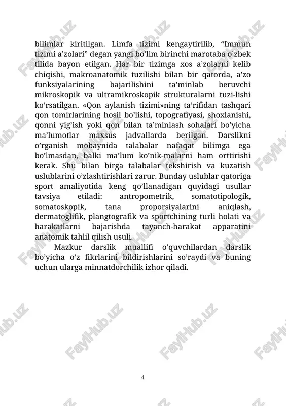 ki sekret bezlar qismi – endokrinologiya, sezgi a’zolari – esteziologiya va nihoyat, nerv sistemasi – nevrologiya bo’limlaridan iborat. har bir tizimga tegishli a’zolarning tuzilishi, shakli, bajaradigan funksiyasi, ularning o’zaro munosabatlari alohida ko’rib chiqiladi. shunday qilib, anatomiya fani odam organizmining tuzilishi va funksiyalarini ularning evolyutsion rivojlanish asoslariga bog’lab, atrof-muhit ta’sirida shakllanish qonuniyat-lari bilan birgalikda o’rganiladi. bulardan tashqari, anatomiya mayib-majruh bo’lib tug’il-gan bolalar, nogironlar organizmining tuzilishini bola tug’ilgan-dan boshlab, qarilik davrigacha bo’lgan vaqtdagi organizmdagi morfologik yoshga qarab o’zgarishlarni o’rganadi. sport morfologiyasi – anatomiyaning maxsus bo’limi bo’lib, sportchilarda jismoniy ish ta’sirida turli tizimlar va a’zolardagi morfofunksional o’zgarishlarni va adaptatsiya jarayonlarini o’rgatadi. sport morfologiyasi quyidagi ma’lumot-larni o’z ichiga kiritadi: – sportchilar organizmida jismoniy ish ta’sirida adaptatsiya etishning tibbiy-biologik asoslarini; – haddan tashqari bo’lgan jismoniy ish ta’sirida va noto’g’ri tashkil etilgan trenirovka rejimi natijasida a’zolar va tizimlarda sodir bo’ladigan patomorfologik o’zgarishlar; – sportchilarning tanlangan sport turiga xos bo’lgan tayanch-harakat apparatidagi adaptatsion o’zgarishlar; – statik va …