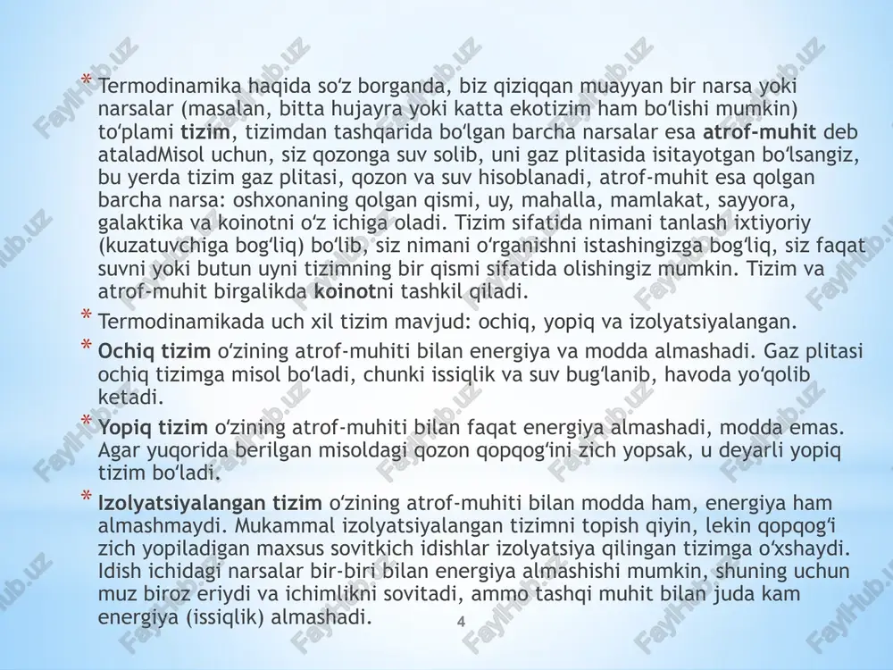 ladi. ushbu jarayonlarda hamma vaqt sistemaning ichki energiyasi kamayadi. energiya atrof-muhitga issiqlik yoki ish shaklida beriladi. o'z-o'zidan paydo bo'lgan jarayonda, ish issiqlikka aylanadi 13 endotermik jarayonlar ham o'z-o'zidan borishi mumkin. ular bunda ish bajarish uchun kerakli issiqlikni atrof-muhitdan oladi 14 o’z-o’zicha boruvchi jarayonlar energiyaning sochilishi o’z-o’zicha boruvchi jarayonlar: erish, diffuziya, osmoz, gazlarning bo'shliqqa kengayishi va h.k. o’z-o’zicha boruvchi jarayonlarning borish chegarasi termodinamik muvozanat holatining yuzaga kelishidir. termodinamik muvozanat - bu sistemaning shunday holatiki, bunda uning termodinamik parametrlari (t, p, v va boshqalar) vaqt o'tishi bilan o'zgarmaydi va sistema hajmining barcha nuqtalarida bir xil qiymatga ega bo'ladi. muvozanat holatida turgan sistema ish bajarmaydi. 15 termodinamik parametr nima? termodinamik parametr - bu termodinamik sistema holatini tavsiflovchi miqdor (harorat, bosim, hajm). termodinamik parametr intensiv sistemadagi modda miqdoriga bog’liq emas ekstensiv sistemadagi modda miqdoriga bog’liq 16 harorat harorat t – energiya-ning harakat yo'na-lishini ko'rsatadigan parametr. harorat - bu ikkita jism termik muvozanatda bo'lishi mumkinligini …
