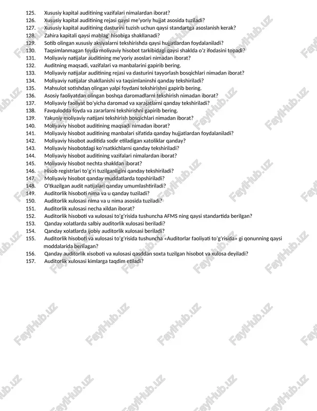 manbalari nimadan iborat? 78. tayyor mahsulot va tovarlar auditining rejasi qanday tuziladi? 79. tayyor mahsulot va tovarlar auditining dasturini tayyorlash nimadan iborat? 80. tayyor mahsulot va tovarlar bilan bog’liq muomalalarni buxgalteriya hisobida to’g’ri aks ettirilganini qanday usuli bilan tekshirish? 81. tayyor mahsulot va tovarlar mavjudligi, saqlanishi va ulardan samarali foydalanish darajasini to’g’riligini tekshirish? 82. tayyor mahsulot va tovarlarni inventarizatsiya qilish tartibiga nimalar kiradi? 83. tayyor mahsulot va tovarlarni inventarizatsiya qilish to’g’ri qanday rasmiylashtiriladi? 84. tayyor mahsulot va tovarlarni sotish va hisobdan chiqarish auditini to’g’riligini tekshirish? 85. hisob-kitob operatsiyalar auditining asosiy manbalari bo’lib nimalar hisoblanadi va ular qanday me'yoriy hujjatlar bilan tartibga solinadi? 86. mol etkazib beruvchi va pudratchilar bilan hisob-kitoblar auditining asosiy vazifalari nimalardan iborat. 87. mol etkazib beruvchilar va pudratchilar bilan hisob-kitob operatsiyalari bo’yicha ichki nazorat tizimi va buxgalteriya hisobi holatini tekshirish uchun auditor nimalar qilishi kerak? 88. mol etkazib beruvchilar va pudratchilar bilan hisob-kitoblar hisobini tekshirishda auditor tomonidan …