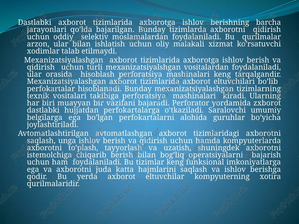 hni qo’llab quvvatlash tizimlari. undan tashqari bazi tashkilotlar maxsus maqsadli tizimlarni ishlatadilar: suniy intellekt, ekspert tizimlari, virtual voqealik va boshqalar. elktron-tijorat – axoborot texnologiyalari yordamida amalga oshiriladigan tovarlarni sotish, ishlarni bajarish va xizmat kor’satish bo’yicha tadbirkorlik faoliyati. elektron tijoratni to’rt yo’nalishga ajratish qabul qilingan: biznes biznesga (busines-to-busines b2b); biznes istemolchiga (busines-to-consumer b2c); biznes ma’muriyatga (busines-to-adminstration b2a); istemolchi ma’muriyatga (consumer-to-adminstration c2a). shuningdek keyingi vaqtda istemolchi istemolchiga (consumer-to-consumer c2c); va istemolchi biznesga (consumer-to-busines c2b) modellari rivoj topmoqda. o’gan asrning 50-yillaridan boshlab kompyuterlar biznesda har kungi mayda, ko’p mehanatni talab qiladigan ishlarda ishlatila boshlandi tranzaksiya biznesga bog’liq o’zaro almashish. masalan: masalan mijoz amalga oshirgan to’lov ,ishchiga to’langan ish haqi. tranzaksiyalarni qayta ishlash tizimi - bu biznes tranzaksiyalarini saqlab qolish va qayta ishlash uchun foydalaniladigan odamlar, jarayonlar, dasturlar, ma'lumot bazalari va uskunalar bilan tashkil etilgan to'plamdir. boshqaruv tizimlari turli-tuman boshqaruv va texnik-iqtisodiy masalalarni hal etilish uchun mo'ljallangan. odatda bu tizimlar korxonalar, tashkilotlar, tarmoqlar (masalan: …