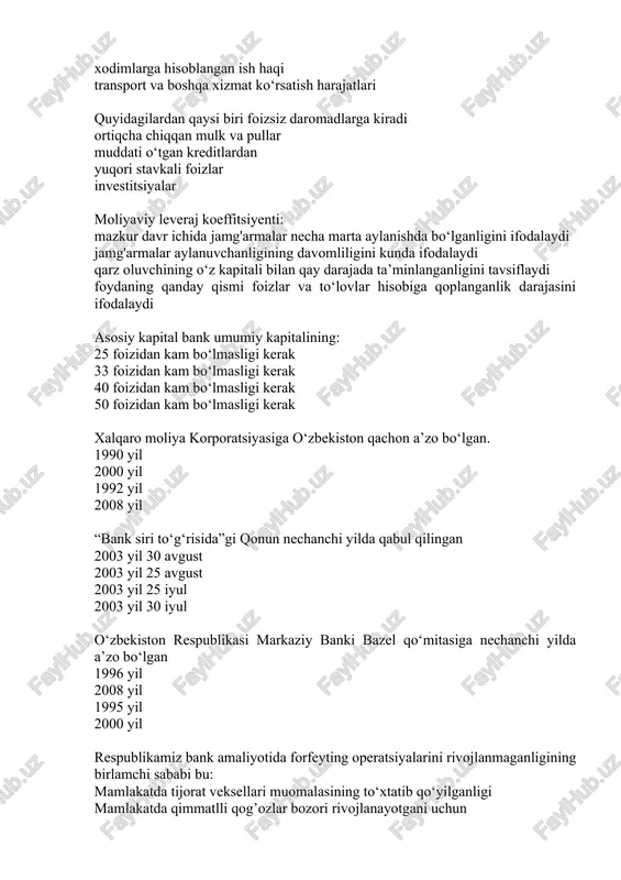 a bo’lmagan nomonetar, identifikatsiyalanadigan aktivlardir aktivlar sifati jahon tiklanish va taraqqiyot banki nechanchi yil tashkil topgan 1944 yil 1945 yil 1940 yil 1943 yil xalqaro moliya korporasiyasi qachon tashkil etilgan 1958 yil 1955 yil 1956 yil 1954 yil korxona kreditga layoqatlilikning yuqori sinfiga mansub bo‘lishi uchun likvidlilik koeffitsiyenti qanday bo‘lishi kerak lk > 1,5 lk 2,5 lk qk >0,5 qk >2 2 >qk 1 korxona kreditga layoqatlilikning yuqori sinfiga mansub bo‘lishi uchun likvidlilik koeffitsienti qanday bo‘lishi kerak lk 1,5 lk >2,5 lk mk> 15% mk>60% 60%> mk > 30% korxonalar uchun joriy likvidlilik koeffitsientining me’yoriy darajasini ko‘rsating: 1,25 1 2 2,75 korxonalarning joriy likvidlilik koeffitsienti (jlk) qanday hisoblanadi likvidli aktivlar/joriy passivlar joriy aktivlar/joriy passivlar mahsulotlarni sotishdan olingan tushum/aktivlarning davrdagi o‘rtacha miqdori davrdagi qarzdorlikning o‘rtacha qoldig‘i/sotishdan olingan bir kunlik tushum korxonalarning tezkor likvidlilik koeffitsienti qanday hisoblanadi likvidli aktivlar/joriy passivlar sotishdan olingan tushum/aktivlarning davrdagi o‘rtacha qoldig‘i sotishdan olingan tushum/davrdagi asosiy fondlarning o‘rtacha …