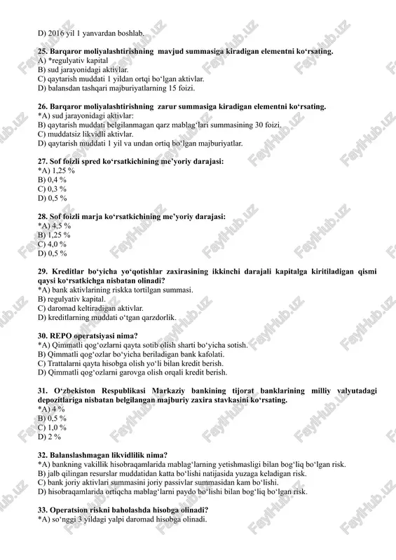 killik hisobraqamlarida mablag‘larning yetishmasligi bilan bog‘liq bo‘lgan risk. b) jalb qilingan resurslar muddatidan katta bo‘lishi natijasida yuzaga keladigan risk. c) bank joriy aktivlari summasini joriy passivlar summasidan kam bo‘lishi. d) hisobraqamlarida ortiqcha mablag‘larni paydo bo‘lishi bilan bog‘liq bo‘lgan risk. 33. operatsion riskni baholashda hisobga olinadi? *a) so‘nggi 3 yildagi yalpi daromad hisobga olinadi. b) so‘nggi 3 yildagi sof foyda. c) o‘tgan yilning taqsimlanmagan foydasi. d) so‘nggi 3 yildagi sof foizli daromad. 34. xalqaro tiklanish va taraqqiyot banki ekspertlarining metodikasiga ko‘ra, tijorat banki depozitlarining yetarliligiga nisbatan belgilangan me’yoriy talabni ko‘rsating. *a) 30,0 %. b) 25,0 %. c) 10,0 %. d) 8,0 %. 35. “camels” reyting tizimi bo‘yicha tijorat banki depozitlarining yetarliligiga nisbatan belgilangan me’yoriy talabni ko‘rsating. *a) 75,0 %. b) 30,0 %. c) 10,0 %. d) 8,0 %. 36. bazel standartiga ko‘ra, quyidagi moliyalashtirish manbalaridan qaysi biri tijorat banklarining birinchi darajali kapitali tarkibiga kirmaydi? *a) balansdagi devalvatsiya zaxirasi. b) taqsimlanmagan foyda. …