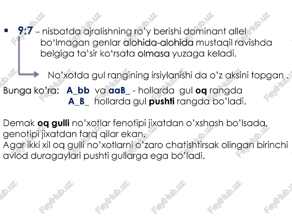 dominant alleli (n ) gomozigota holatda barmoglarning kamroqaisqarishiga olib keladi, geterozigota holatda esa o'rtacha qisqarishiga sababchi bo'ladi. snunga ko'ra odamlarning genotipi bbnn (1) va bbnn (2) bo'lsa, ularning fenotipini aniglang. a) |-braxidaktiliyaga uchramagan; 2-barmoqglar kamrog qisqargan b) 1-barmoqlar kamrog qisgargan; 2-braxidaktiliyaga uchramagan c) -barmoglari gisqarmagan; 2-keskin braxidaktiliyagauchragan d) i-keskin braxidaktiliya; 2-o'rtacha braxidaktiliyaga uchragan o’zgaruvchanlik o’zgaruvchanlik - organizmlarning belgi va xususiyatlari bilan o'zaro farg qilishi yoki bir turga mansub organizmlar- ning bir-biridan farq qilishidir. o’zgaruvchanlikni quyidagicha turlarga bo’ lish mumkin: kombinativ | genotipik o'zgaruvchanlik rekombinativ [~ (embrional davrda yuzaga keladi) mutatsion ontogenetik | fenotipik o'zgaruvchanlik modifikatsion| (postembrional davrda yuzaga keladi) genotipik o’zgaruvchanlik kombinativ o’zgaruvchanlik ota-ona organizmliarning erkin chatishuvi natijasida keying! avlodiarda genlarning yangi kombinatsiyalarini vujudga kelishi orgali amalga oshadi. rekombinativ o’zgaruvchanlik meyoz jarayonida gomologik xromosomalar o'‘rtasida sodir bo'ladigan krossingover tufayli amalga oshadi. mutatsion o'zgaruvchanlik gen, genom va xromosomalarning soni ortishi yoki kamayishi orgali amalga oshadi. mutatsion o’zgaruvchanlik «mutatsiya» atamasini fanga gollandiyalik …