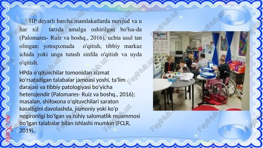 olaning ota-onalari hamda maslahat va amaliy yordam ko‘rsatuvchi psixologik yordam xizmati bilan har kuni aloqada bo‘ladi. uzoq vaqt davomida kasal bo'lgan bola bilan mashg'ulotlar kasalxona maktabining maktab sektorida (tibbiyot muassasasi hududida) yoki to'g'ridan-to'g'ri kasalxona bo'limida, bolaning yotoqxonasida (agar o'quvchining harakati cheklangan bo'lsa) o'tkaziladi. turli mamlakatlarda shifoxona pedagogikasining xususiyatlari jahon hamjamiyatida shifoxona o'qituvchilarini qo'llab-quvvatlash va ilg'or tajribalarni muhokama qilish uchun 1988 yilda lyublyana (sloveniya) shahrida bo'lib o'tgan shifoxona o'qituvchilarining birinchi kongressidan so'ng tashkil etilgan evropa shifoxona o'qituvchilari uyushmasi mavjud. turli mamlakatlarda shifoxona maktablarini tashkil etish turlicha tuzilgan. bu uzoq muddatli davolanishga muhtoj bo'lgan bolaning huquqlarini qonun bilan himoya qilishda ham, uy va shifoxona maktablari o'rtasida majburiyatlarni taqsimlashda - natijalarni baholashda, uy vazifalarini bajarishda va bilimlarni nazorat qilishda namoyon bo'ladi. ingliz tilida so'zlashadigan mamlakatlarda "uy va shifoxona ta'limi" atamasi kasal bolalarning umumiy ta'limini qamrab oladi: kasalxonalarda ham, uyda ham. yevropadagi shifoxona maktablari mamlakat xususiyatlari germaniya bolaning rivojlanishi uchun mas'uliyat butunlay bola kasallikdan …