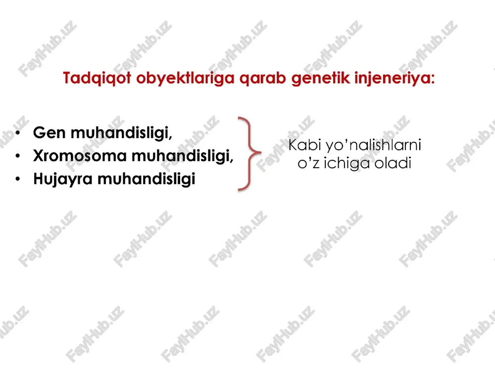 jarayonda hujayraning irsiyati o’zgaradi. hujayraning irsiyati o’zgarishi rekombinatsiya sabab yuzaga keladi. rekombinantlar hosil bo'lishining 3 xil turi bor: = transformatsiya, = transduksiya, =" konyugaisiya. rekombinatsiya nima? * rekombinatsiya — bir organizm irsiy molekulasining har qanday bo’ lagini ikkinchi organizmga ko’ chib o'tishidir. « rekombinatsiya sabab rekombinant dnk hosil bo’ ladi. ¢ amerika olimlari lederberg va tatum 1946-yilda bakteriyalarda jinsiy jarayonlar sodir bo'lishini aniqladilar. bakteriyalarda |jinsiy jarayonlar genetik material bilan almashinuv rekombinatsiya yo'li bilan amalga oshadi. bunda donor hujayra dnk sining bir gismi retsipiyent hujayraga beriladi va uning dnksi bilan qo'shiladi. ¢ 1940-yillarga kelib xromosomalar tarkibini o‘rganish chuqurlashdi. ¢* xromosoma tarkibi dnk va ogsildan iboratligi aniqlandi. ¢ bu davrda ko'pchilik olimlar irsiyatning asosi oqsil deb tushunar edilar. keyinchalik irsiyatning asosi ogsil emas, nuklein kislotalar bilan bog'ligligi isbotlandi. tarnsformatsiya ma'lum sharoitda bir organizm irsiy molekulasi har qanday bo'‘lagining ikkinchi organizm irsiy molekulasi tarkibiga birikish hodisasiga «transformatsiya» deb ataladi. 1928-yili angliya bakteriologi frederik …