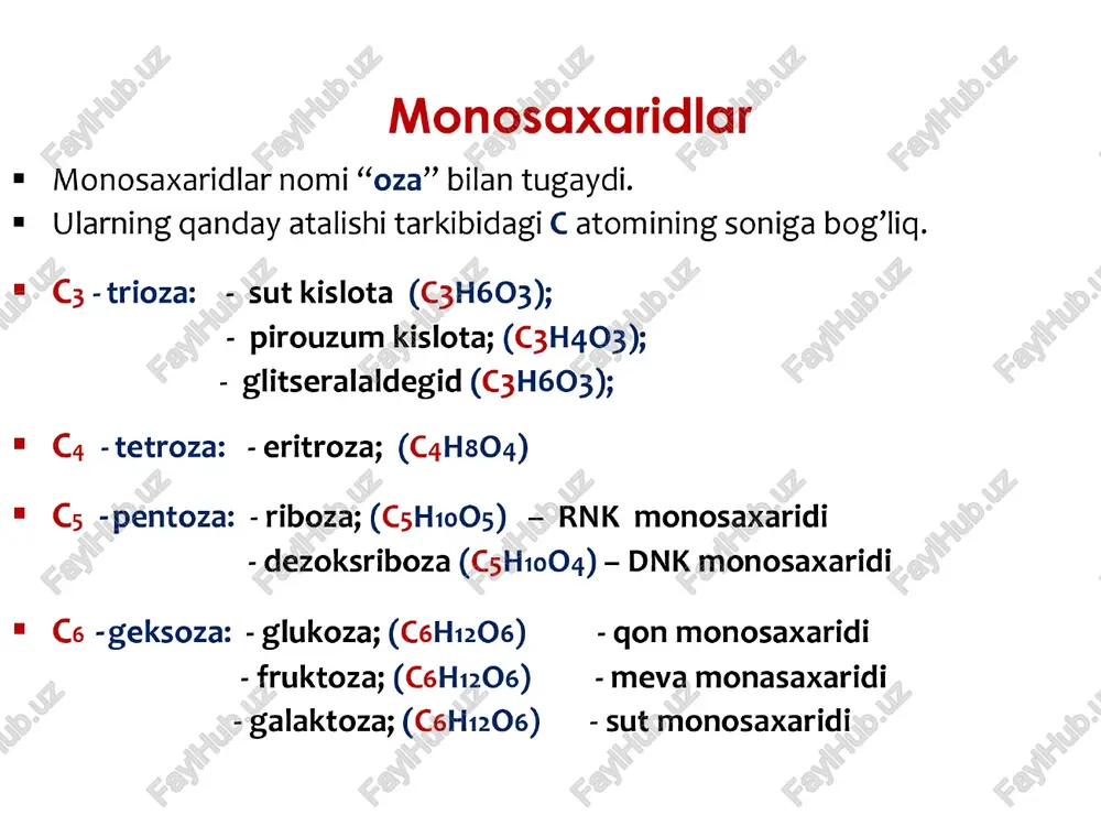 atrofida bo‘ladi. dnk spiralidagi qo‘shni nukleotidlar orasida masofa 0,34 nm ga teng bo‘ladi. har bir nukleotidning o’rtacha og’irligi 345 d ga teng. dnk ning tuzilishini amerikalik biolog j.uotson va angliyalik fizik olim f.krik tomonidan 1953- yilda kashf etishgan. - vodorod bog' monomerlari: a-—adenin . r purin asos g - guanin t-timin l pirimidin asos c - sitozin rnk (ribonukleinkislota) cytosine ie) |° rnk bir qancha xususiyatiari bilan co dnk dan farg qiladi. h guanine |g xususan: vw ¢ unda vodorod bog’ bo'lmaydi. x" © faqgat bitta zanjirdan iborat. [| adenine [il ¢ pirimidin azot asoslarida timin (t) o’rmiga uratsil (u) bo’ladi. ¢ pentozalardan riboza uchraydi. h ¢ udnk dan transkripsiya asosida sintezlanadi. |_uracil [il fa] ‘el ni h n n 0 rnk ning turlari quyidagicha: \ i-rnk_ -ya’ni information axorot saqlovchi rnk. - u matrisali rnk deb ham ataladi. - u yadrodagi dnk dan transkripsiya asosida hosil bo’ladi va sitoplazmaga …