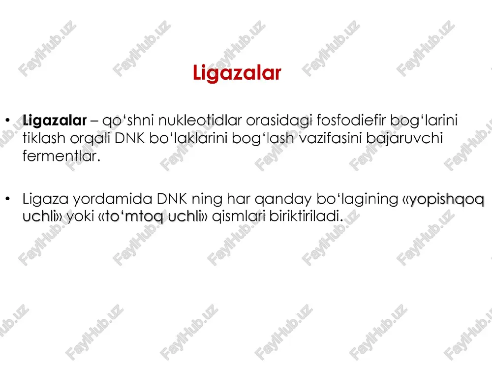 siy kasalliklarni odam hujayralariga funksional genlarni kiritish orgali davolash texnologiyasi. ¢ yangi organlar yaratish texnologiyasi - hujayra muhandisligi bemor a’zosidan bitta sog‘lom hujayrani gjratib olib, uni sun’iy ozigqa muhitlarida o'stirish orgali ma’lum to'qimaga xos hujayralar to‘plamini olish va bu hujayralar to‘plamini butun bir yaxlit a’zogacha tiklash imkoniyatiga ega. keyinchalik shu yangi organ bemor tanasiga ko'chirib o'tkaziladi. ¢ 1998-yil amerika olimi j. tomson «asos») hujayralarda (ingl. stem cells) «yangi» organlar yaratish texnologiyasini kashf etdi. ¢ «asos)) hujayralar shunday hujayralarki, ular embrional hujayralarga o'xshagan, hali u qadar takomillashmagan hujayralar to‘plamidan iborat bo'lib, sun’iy muhitda o'‘sish va har qanday to'qimagacha rivojlanish qobiliyatiga ega uzb. da gen muhandisligi yutuqlari ¢ |. abdurahmonov paxta tolasining uzunligini belgilaydigan va g‘o‘zaning gullashini boshgaradigan genlar oilasini aqsh texas qishlog xo‘jaligi va mexanika universiteti biotexnologiya markazi olimlari bilan hamkorlikda ilk bor ajratib oldi. ¢ sh. s. azimova rahbarlik gilayotgan laboratoriya olimlari gen va hujayra muhanadisligi usullarini go'llab, xalqimizda «sariq …