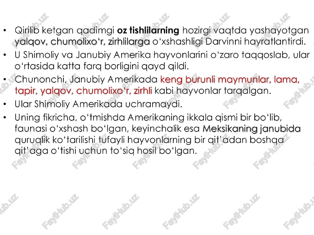 yi o‘simliklarni madaniylashtirish, zot va navlarning belgi-xossalarini o‘zgartirish mmumkinligini aniqlagach, tabily sharoitda yashaydigan organizmlarda ham shunga o'xshash jarayon ro'y berishi mumkin degan fikrga keldi. u har qanday o'simlik, hayvon nas! goldirganda yangi avlod ota- onadan, shuningdek, o‘zaro ayrim belgi-xossalari bilan farq qilishini kuzatdi va uni shaxsiy o'zgaruvchanlik deb nomliadi. darvin organizmlarda shaxsiy o‘'zgaruvchanlik borligini yangi tur bilan tur xilini taqqoslash yo'li bilan ham isbotladi. « tur xili»» deganda olim turga xos belgi-xossalar yaxshi ifodalanmagan organizmlar guruhini tushungan. tur xili darvin yashagan davrda “shubxali turlar’ deb atalgan. tashqi muhitni organizmga ta’siri —_—— ~~ bevosita ta’ siri bilvosita ta’ siri = bu ta’sir mazkur organizmning kelgusi aviodida namoyon bo'ladi. # tashqi muhit omillari shu organizmga to‘gridan to‘g'ri ta’sir etadi tashqi muhitni organizmga ta’siri v muayyan ta’siri guruhli o'zgaruvchanlik ham deb ataladi. oziqning o‘zgarishi hayvonlar- ning mahsuldorligiga va o'simliklarning hosildorligiga ta’sir etadi. kunlar sovishi bilan shimolda yashovchi barcha sutemizuvchi hayvonlarning juni galinlashadi. v …