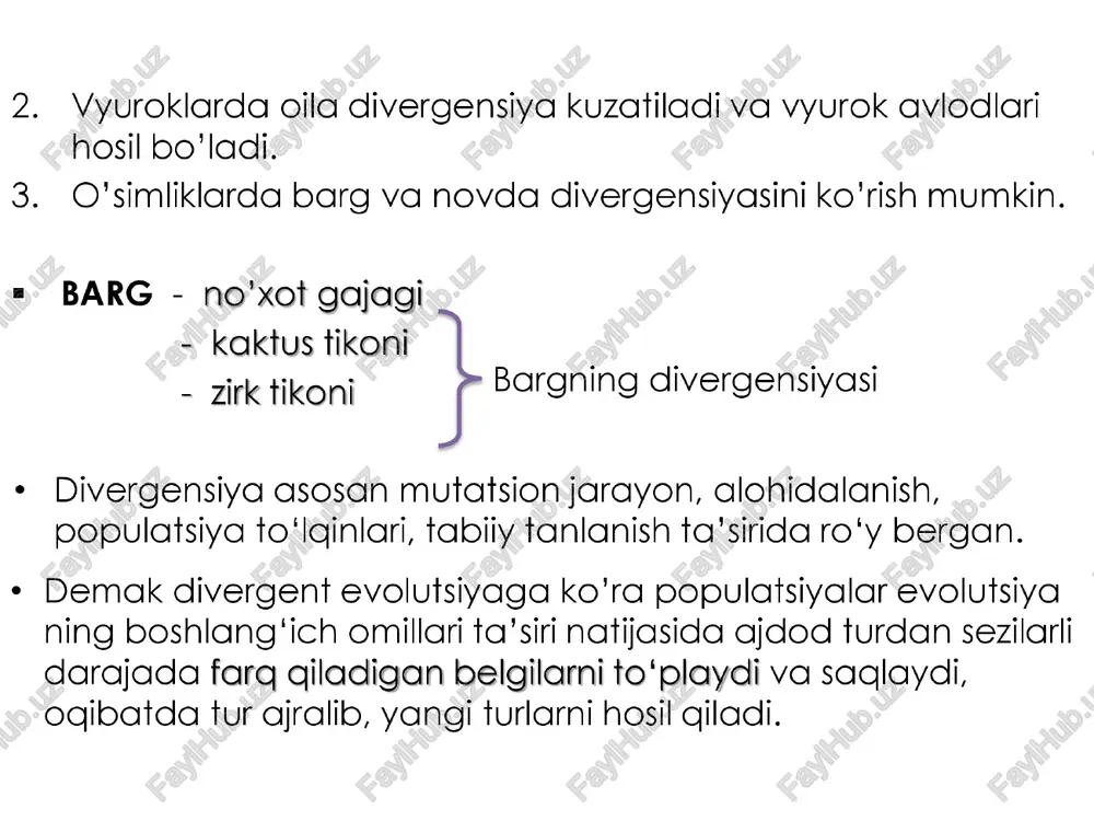 i 9 | jigar qurtida harakat a’zolarining yo‘qligi 10 | qo‘ytikan mevasida tikanlarning bo‘lishi 11 | urug‘l o*simliklarning kelib chiqishi 12 | to’rt kamerali yurakning paydo bo‘lishi 13 | o'pka bilan nafas oluvchi hayvonlarning kelib chigishi 14 | qovog‘arining ogohlantiruvchi rangining paydo bo‘lishi yerda hayotning paydo bo'lishi yerda hayotning paydo bo'lishi haqida 3 xil nazariya bor: hayotning 0’z - o’zidan paydo bo 'lishi panspermiya nazariyasi biokimyoviy nazariya kreatsionizm nazariyasi (bu haqida ma’ lumot kitobingizda yo’q) hayotning o’z o’zidan paydo bo'lishi nazariyasi qadimgi xitoy, vavilon va misrda keng targalgan edi. mashhur aristotel ham bu farazning tarafdori bo'lgan. lui paster - kolbada nazariyani xato ekanligi 1688-yilda fredrix redi-—idishda | tajribasida ushlbu iscotlab berishdi fredrix redi tajribasi f. redi go‘shtni yopig idishga solib qo‘'yganida pashshalar kira olmaganligi uchun unda lichinkalar paydo bo'lmadi. lekin hayotning 0'z-o'zidan paydo bo'lishi tarafdorlari idishga havo kirmagani uchun shunday bo'ldi, deb uni tangid qildilar. shunda f. redi go'sht solingan …