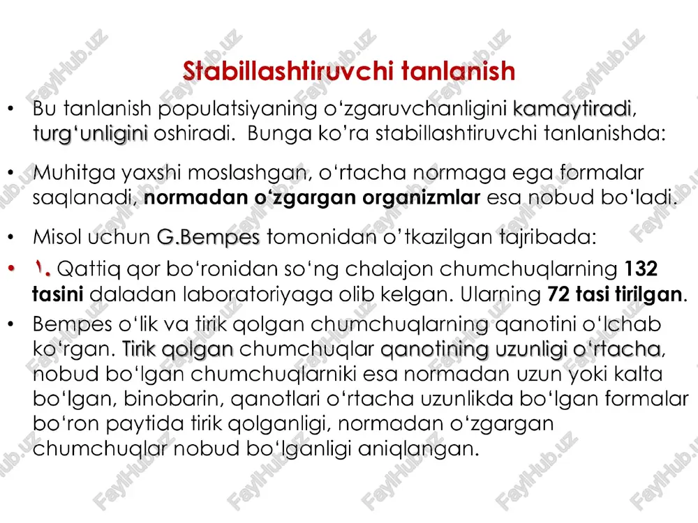 an ozig topish, boshqa jins bilan go'shilish, yashash joyini egallashdagi garshiliklarni yengishidir. moslanishlar —- maskirovka himoya rangi r-> ogohlantiruvchi rang mimikriya chalg’ituvchi rang himoya rangi bu hayvonlarning tashqdi rangi o'zi yashayotgan muhit rangiga mos kelishidir. toshbaqa, kaltakesak, ilonlar- qum rangida ayig, kuropatka, tulkilar og - oq rangda kvaksha, beshiktervatar, ninachi — yashil (yashagani uchun) karam kapalagi qurti — yashil rangda (yegani uchun) agar muhit rangi fasllarga qarab o‘zgarsa, u holda hayvonlar rangi ham o‘zgaradi. masalan: tulki tovushqon, qishda bir, yozda ikkinchi xil kuropatka, rangda bo'ladi. gornostay 99-rasm. hayvonlarc himoya rangi: 1 — yashil chigirtka; 2 — odimchi qutrt; 3 — kvaksha baqasi; 4 — kuropatkaning yozgi qiyofasi; 5 — kuropatkaning qishki giyofasi; 6 — tentak qush; 7 — gornostayning yozgi qiyofasi; 8 — qishki giyofasi. maskirovka organizmning tana shakli va rangi o'zi yashaydigan muhit shakli va rangiga o’xshash bo'lishi, mos kelishiga maskirovka deyiladi. chupchik — rangi va shakli ingichka novdani …