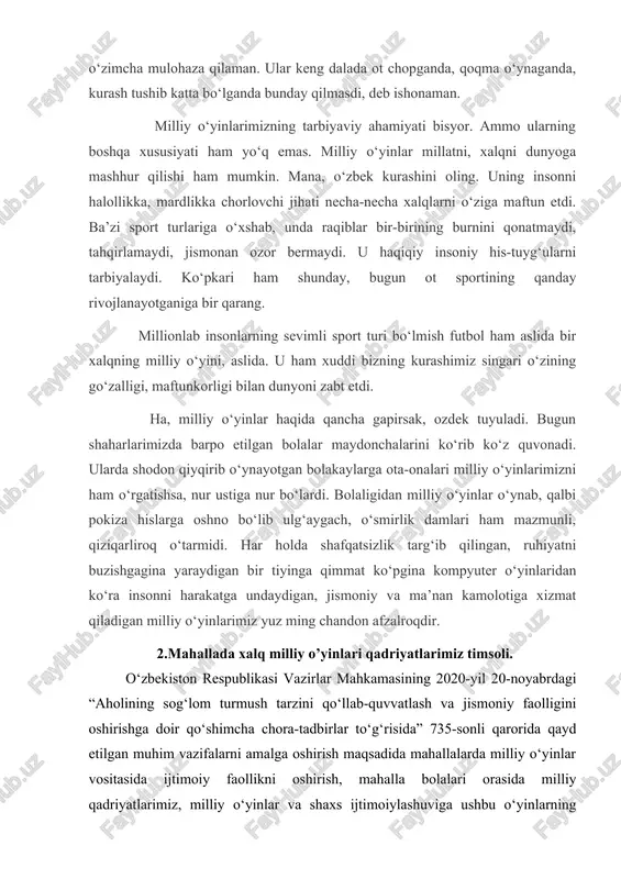 oq bermabdi-da», deb o‘ylaysiz. men bo‘lsam, hali o‘n to‘rt-o‘n besh yashar o‘smir, nari borsa, yigirma-yigirma ikki yoshlardagi shunday yigit-qizlarning nihoyatda tajang (mabodo tuflisiga kimdir oyog‘i bilan tegib ketsa, chumchuqday chirillaydi!), asabiy («ichkariroqqa suril, bolam» deyishsa, o‘zini haqoratlangandek his qilib, bobillaydi) ekanini ko‘rib, bularning bo‘sh vaqti xiyobonlarda yoki internet-kafelarda, kinoteatrlarning qorong‘i, xilvat burchaklarida o‘tayapti-da, ichi torligi shundan bo‘lsa kerak, deb o‘zimcha mulohaza qilaman. ular keng dalada ot chopganda, qoqma o‘ynaganda, kurash tushib katta bo‘lganda bunday qilmasdi, deb ishonaman. milliy o‘yinlarimizning tarbiyaviy ahamiyati bisyor. ammo ularning boshqa xususiyati ham yo‘q emas. milliy o‘yinlar millatni, xalqni dunyoga mashhur qilishi ham mumkin. mana, o‘zbek kurashini oling. uning insonni halollikka, mardlikka chorlovchi jihati necha-necha xalqlarni o‘ziga maftun etdi. ba’zi sport turlariga o‘xshab, unda raqiblar bir-birining burnini qonatmaydi, tahqirlamaydi, jismonan ozor bermaydi. u haqiqiy insoniy his-tuyg‘ularni tarbiyalaydi. ko‘pkari ham shunday, bugun ot sportining qanday rivojlanayotganiga bir qarang. millionlab insonlarning sevimli sport turi bo‘lmish futbol ham aslida …