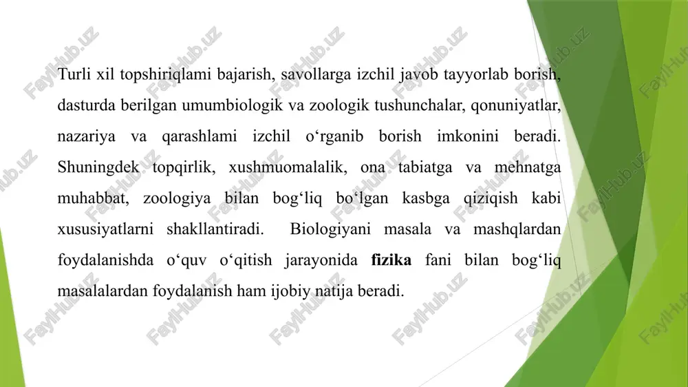 dorini x, atfning mg/mol miqdorini esa u bilan belgilab olamiz va bu sistemani ikkita tenglama ko'rinishida yozamiz. x + u = 0.5 2x + 3y = 1.2 bu sistemani yechish orqali quyidagi natijani olamiz x = 0.3 mg/mol va u = 0.2 mg/mol. aralashmaga qancha qancha glyukoza qo‘shishni bilish uchun, 0.2 mg/molni 38 ga bo‘lish kerak. natijada 0.005 mg/moldan ko‘proq glyukoza kerakhgi ma’lum bo‘ladi nisbatan murakkabroq masalaga quyidagi masalani olish mumkin: dnkning ma’lum bir nusxasini anorganik moddagacha parchalanishi natijasida 0.37 mg/mol ammoniy va 0.1 mg/mol fosfata kislota qoldig'i hosil bo‘lgan. dnk da qancha miqdor mg/mol adenin, timin, guanin va sitozin bo‘lgan? 15 yechish: bu masalani yechishda darslikdan foydalanish mumkin. darslikni ko‘rish orqali bir molekula adeninda 5 atom azot, guaninda ham 5 atom, bir molekula sitozinda 3 atom, timinda esa 2 atom azot bo‘lshini ko'rishimiz mumkin. shunday qilib a – t juftida 7 atom azot va 2 fosfat guruhi, g-s juftida …