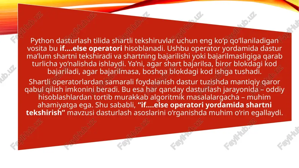 ‘ladi. quyidagi misolda foydalanuvchi kiritgan son 1 va 10 orasida ekanligini tekshirish ko‘rsatilgan: son = int(input("son kiriting: ")) if son > 1 and son 1 and son < 10 murakkab shart bo‘lib, u faqat ikkala shart to‘g‘ri bo‘lganda bajariladi. agar son 1 dan katta bo‘lsa-yu, lekin 10 dan kichik bo‘lmasa, natija false bo‘ladi. or operatori esa bir nechta shartlardan kamida bittasi bajarilsa ham true natijasini qaytaradi. masalan, foydalanuvchi kiritgan son 0 yoki 100 ga teng ekanligini tekshirish: son = int(input("son kiriting: ")) if son == 0 or son == 100: print("son 0 yoki 100 ga teng") else: print("son boshqa qiymatga ega") bu yerda or operatori shartlardan biri bajarilganda ham ijobiy natija beradi. demak, foydalanuvchi son sifatida 0 yoki 100 kiritganda dastur tegishli javob chiqaradi. xulosa python dasturlash tilida if....else operatori shartlarni tekshirish va ularga qarab qaror qabul qilish uchun eng muhim vositalardan biridir. ushbu operator yordamida dastur foydalanuvchi kiritgan ma’lumotlarni …