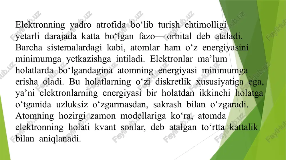 hadi, chunki l = 0 bo‘lganda n + l yig‘indisi minimal qiymatga ega bo‘ladi. litiyning turg‘un holati 1s2 2s1 formula yoki kvant yacheyka bilan ifodalanadi. litiy atomida bitta juftlashgan elektron mavjud; shu sababli litiy atomi bitta kovalent bog‘lanish hosil qila oladi. berilliyda(z = 4)2s- orbitalning elektronlar bilan to‘lishi nihoyasiga yetadi. berilliy atomi juftlashmagan elektronlarga ega emas. lekin uning atomi energiya qabul qilganida osongina qo‘zg‘algan holatga o‘tadi; bu vaqtda uning bir elektroni katta energiyaga muvofiq keladigan yuqori holatga ko‘chadi: bor elementida(z = 5) n + l = 3 bo‘lgan holatlar(n = 2; l = 1) elektronlar bilan to‘lib boradi. shu sababdan borning elektron konfiguratsiyasini quyidagicha ifodalash mumkin: òurg‘un holatdagi bor atomi bitta juftlashmagan elektronga ega. uglerod va undan keyin keladigan elementlar atomlarida elektronlarning holatlarini aniqlash uchun xund qoidasi nomli qonuniyatni nazarda tutish kerak. energiyalari bi r xil bo‘lgan orbital larda elektronl ar shunday tartibda joylashadiki, natijada spinlar yig‘indisi maksimal qiymatga ega …