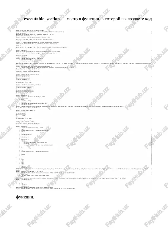 exist mysql> create trigger addattestatsforstudentupdate after update on students for each row -> fuck: begin -> if new.group = old.group then leave fuck; -> end// error 1064 (42000): you have an error in your sql syntax; check the manual that corresponds to your mysql server version for the right syntax to use near '' at line 4 mysql> delimiter // mysql> create procedure dorepeat(p int) -> begin —> set @x=0; —> repeat set @x=@x+1; -> until @x>p end repeat; -> end -> // query ok, ®@ rows affected (@.0@ sec) mysql> call dorepeat(10)// query ok, ®@ rows affected (@.0@ sec) mysql> select qx// 4+------ + | ex 4+------ + | 11] 4+------ + 1 row in set (@.0@ sec) mysql> delimiter // mysql> create prodecedure proc_in_exm(in n int) -> begin -> seelctxfrom administrator limit n; -> end// error 1064 (42000): you have an error in your sql syntax; check the …