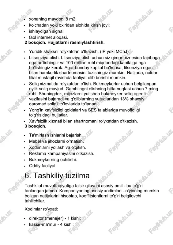 ni hisoblab, koeffitsientlarni to'g'ri belgilovchi tahlilchilar. xodimlar ro'yxati: · direktor (menejer) - 1 kishi; · kassir-ma'mur - 4 kishi; · tahlilchi - 2 kishi; xodimlarning umumiy soni - 7 kishi. dastlab, menejer rolini tashkilotdagi barcha jarayonlarni aniq belgilash uchun biznes egasi olishi mumkin. asosiy xodimlarga qo'yiladigan talablar: · yuqori kompyuter qobiliyatlari · oliy ma'lumot · 1 yildan beri tikish sohasida ish tajribasi, · halollik · odoblilik · xushmuomalalik, mas'uliyat. ish haqi, rubl xodimlar soni ish haqi jami: menejer 1 40 000 40 000 tahlilchi 2 35 000 70 000 kassir boshqaruvchisi 4 18 000 72 000 sug'urta mukofotlari (ish haqining 30%) 54 600 jami: 236 600 7. moliyaviy reja ushbu biznesni ochish uchun investitsiya xarajatlari 1,345,000 rublni tashkil qiladi. biznes tashkilotning xarajatlari, rub. kompaniyani ro'yxatdan o'tkazish 10 000 litsenziya olish 150 000 dasturiy ta'minot 200 000 ta'mirlash paytida ijaraga olish + rieltorlik 12 000 ta'mirlash 50 000 xavfsiz 20 000 …