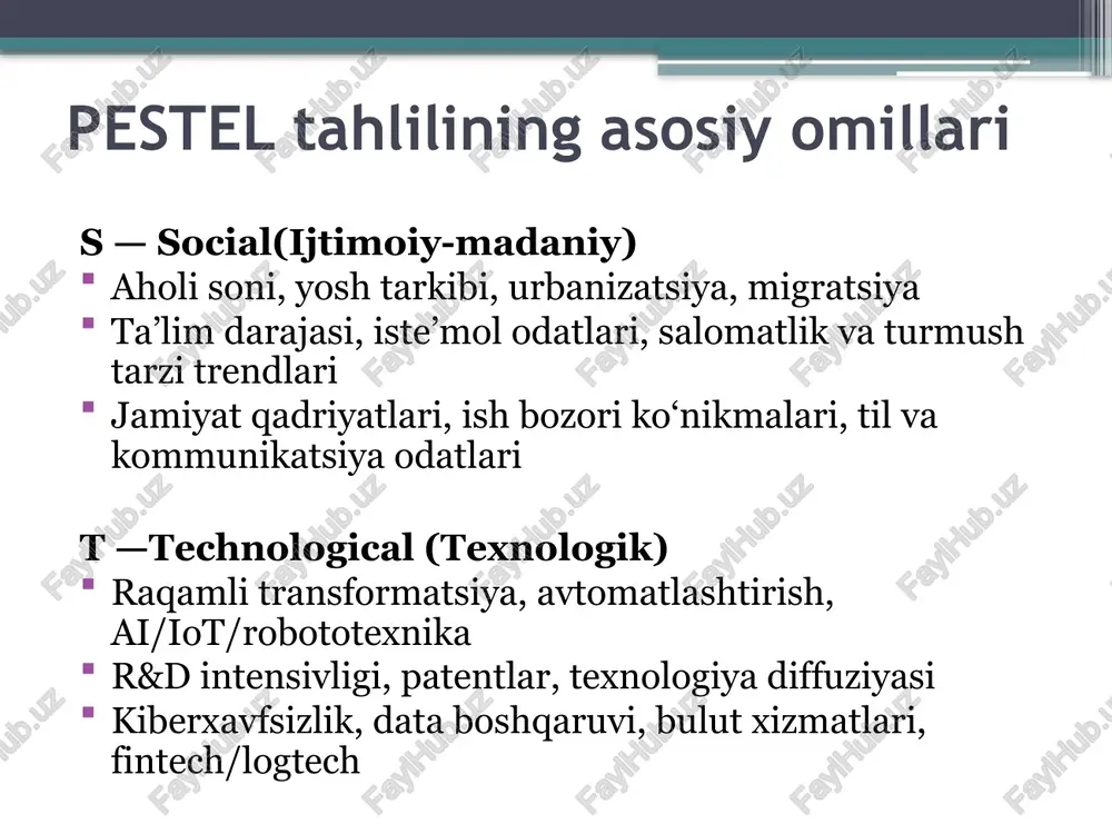 di. misol: gazli ichimliklarga o‘rinbosar sifatida mineral suv, sharbatlar, choy yoki energiya ichimliklari. 4.yetkazib beruvchilar kuchi (bargaining power of suppliers) ta’rif: yetkazib beruvchilar narx, sifat va shartlar bo‘yicha qanchalik kuchli pozitsiyada. oqibat: kam sonli va yirik yetkazib beruvchilar bo‘lsa, ular narxni ko‘tarishi mumkin. misol: ichimlik ishlab chiqaruvchilarda shakar yoki alyuminiy qadoqlash bo‘yicha cheklangan yetkazib beruvchilar mavjud bo‘lsa, ular kuchli pozitsiyaga ega bo‘ladi. 5. xaridorlar kuchi (bargaining power of buyers) ta’rif: xaridorlarning (iste’molchilar yoki distribyutorlarning) narx va sifatga ta’sir darajasi. oqibat: agar xaridorlar ko‘p tanlovga ega bo‘lsa, ular past narx talab qiladi; bu foydani pasaytiradi. misol: supermarket tarmoqlari (korzinka, makro) ishlab chiqaruvchilardan chegirmalar yoki maxsus shartlar talab qilishi mumkin. m. porterning 3 asosiy strategiyalari narx bo‘yicha yetakchilik (cost leadership) – bozorda eng past narxlarni taklif qilishni anglatadi. differensiyallash (differentiation) – noyob va xaridorlar xohlaydigan mahsulot yoki xizmat yaratishni bildiradi. fokus (focus)– tor, aniq bozor segmentini, maxsus ehtiyojlarga ega niche-mijozlarni maqsad qilib …
