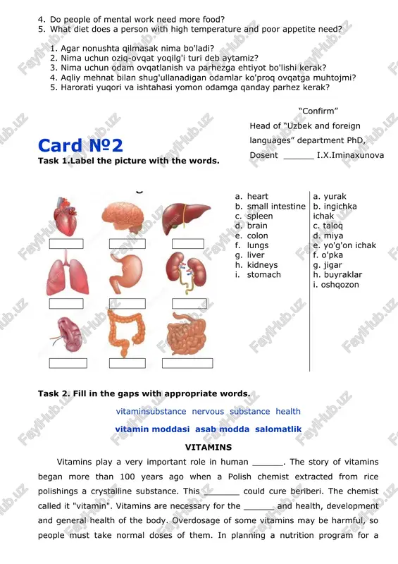 i noto'g'ri deb javob bering: 1. rheumatic fever is a viral infection. 2. osteoporosis is the most common arthritic disease. 3. elderly people’s senses are less acute than when they were younger. 4. cataracts are transparent. 5. three terms associated with osteoporosis are dense, porous and brittle. 1. revmatik isitma - bu virusli infektsiya. 2. osteoporoz - eng keng tarqalgan artrit kasalligi. 3. keksa odamlarning sezgilari yoshligidan ko'ra kamroq o'tkirdir. 4. kataraktalar shaffofdir. 5. osteoporoz bilan bog'liq uchta atama zich, gözenekli va mo'rt. _____ _____ _____ _____ _____ b.answer the questions.-savollarga javob yozin 1. what will happen if we have no breakfast? 2. why do we say that food is a form of fuel? 3. why must a person be careful about meals and diet? 4. do people of mental work need more food? 5. what diet does a person with high temperature and poor appetite need? 1. agar nonushta …