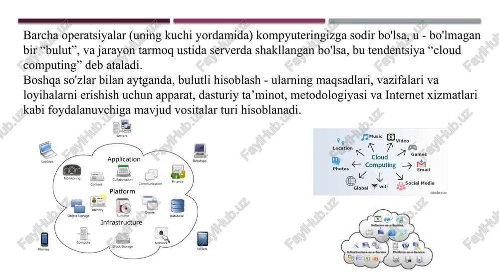lumotlarning yo'qolishidan (yoki jismoniy ommaviy axborot vositalarining o'g'irlanishidan) himoya qilish. agar ma'lumotlar bulutli saqlashga yuborilgan bo'lsa, u holda u avtomatik ravishda uni saqlaydi va zaxira serverlariga zaxira nusxalarini yuboradi. kamchiliklari internetga ishonchli va doimiy kirish zarur. turli xil bulutli xizmatlarni taqqoslash dropbox google disk yandeks.disk oblako@mail.ru onedrive ob'em (besplatniy) ot 2 gb do 16 gb 15 gb 10 gb do 100 gb 5 gb podderjivaemie os windows, linux, android, iphone, ipad mac windows, android, ios, windows phone mac windows, linux, android, iphone, ipad, windows phone, mac windows, linux, android, ios, windows phone, mac windows, android, ios, xbox, mac integrirovanniy ofisniy paket microsoft office 365 google dokumenti microsoft office 365 microsoft office 365 microsoft office 365 vozmojnost sovmestnoy raboti s dokumentami da da da da da dopolnitelnie servisi net sayti, formi, kalendar, perevodchik, karti i dr. pochta pochta net russkiy interfeys da da da da da populyarnost sredi studentov* 2,6 % …