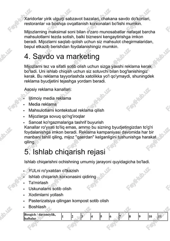 n" kelganligini tushunishga harakat qiling. 5. ishlab chiqarish rejasi ishlab chiqarishni ochishning umumiy jarayoni quyidagicha bo'ladi. · yulni ro'yxatdan o'tkazish · ishlab chiqarish korxonasini qidiring · ta'mirlash · uskunalarni sotib olish · xodimlarni yollash · pasterizatsiya qilingan kompost sotib olish · boshlash bosqich / davomiylik, haftalar 1 2 3 4 5 6 7 8 9 10 11 yulni ro'yxatdan o'tkazish sanoat binolari ijaraga beriladi ta'mirlash uskunalarni sotib olish xodimlarni yollash kompost sotib olish boshlash tashkiliy tadbirlarning umumiy davomiyligi taxminan 9 hafta. birinchidan, biznes egasi yuridik shaxsni ro'yxatdan o'tkazishi kerak - ip (01.13.6 "qo'ziqorin va truffuff o'sayotgan"). soliq tizimi yagona ijtimoiy soliq hisoblanadi. soliq stavkasi kompaniya foydasining 6 foizini tashkil etadi. ro'yxatdan o'tkazish hujjatlarini olish natijalariga ko'ra, bankda hisob raqamini oching. keyinchalik, ishlab chiqarish joyini qidirishni boshlang. keyingi qadam - ta'mirlashni boshlash. hvac tizimlarini o'rnatish tajribasiga ega bo'lgan sifatli ta'mirlash guruhini yollash. ta'mirlash tugashi bilanoq siz uskunani sotib olishingiz va o'rnatishingiz …