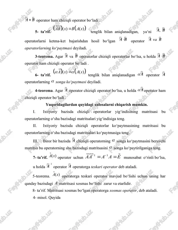 misol. bazisda operator matritsaga ega. bazisda operatorning matritsasini toping. yechish. oʻtish matritsasi ning teskari matrisasi demak, 10- misol. bazisda chiziqli operatorning matritsasi koʻrinishga ega. yangi bazisda chiziqli operatorning matritsasini toping. 11- misol. bazisda chiziqli operatorning matritsasi koʻrinishda. yangi bazisda operatorning matritsasini toping. 12- misol. operatorni chiziqlilikka tekshiring. yechish. operatorni chiziqlilikka tekshirish uchun hamda tengliklarni bajarilishini tekshirish kifoya. 13- misol chizqli operator matritsa bilan berilgan. chiziqli operatorning hos qiymatlari va hos vektorlarini toping. yechish. xarakteristik tenglama tuzamiz: xos qiymatga mos xos vektorni topamiz. buning uchun quyidagi tenglamani yechamiz: agar deb olsak, boʻladi. demak vector operatorning xos qiymatiga mos xos vector boʻladi. xuddi shunga oʻxshab xos qiymatga mos xos vektorlarni aniqlash mumkin. image4.wmf image47.wmf oleobject50.bin image48.wmf oleobject51.bin image49.wmf oleobject52.bin image50.wmf oleobject53.bin image51.wmf oleobject54.bin oleobject3.bin image52.wmf oleobject55.bin image53.wmf oleobject56.bin image54.wmf oleobject57.bin image55.wmf oleobject58.bin image56.wmf oleobject59.bin image5.wmf image57.wmf oleobject60.bin image58.wmf oleobject61.bin oleobject62.bin image59.wmf oleobject63.bin image60.wmf oleobject64.bin image61.wmf oleobject4.bin oleobject65.bin image62.wmf oleobject66.bin oleobject67.bin image63.wmf oleobject68.bin …
