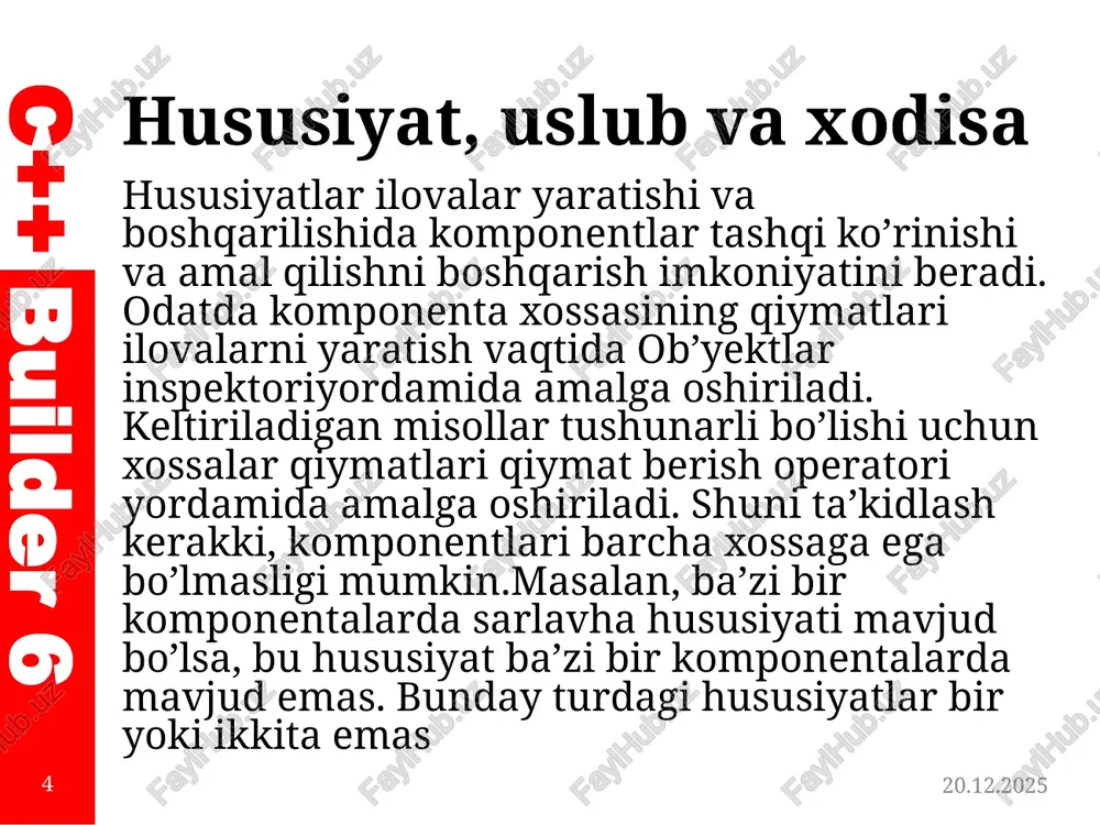 siyat rostga o’rnatilgan bo’lsa, u faollashadi. agar noto'g'ri bo'lsa, ushbu xususiyat bloklanadi. ob'yekt nazoratchisi yordamida dasturni yaratishda har qanday komponentning xususiyatlari o’zgarishi mumkin. barcha ob’yektlarning xususiyatlari nafaqat dizayn bosqichida, balki dasturning ishlash vaqtida ham mavjud. ularning qadriyatlari ijro kodi davomida, dastur kodida ham o’zgartirish mumkin. 16.04.2020 13 c++ builder 6 hususiyat, uslub va xodisa c++ builder ishlab chiqish muhiti dastur yozish paytida komponent uslublarini ishlatishga imkon beradi. ko’rib chiqilgan dasturlarda ulardan ba'zilari foydalanilgan, masalan: loadfromfile, savetofile va boshqalar. uslublar har qanday foydalanuvchi harakatlarining natijasi sifatida chaqirilmaydi, ammo dastur yozib olingan qatorga yetganda amalga oshiriladi. aslida uslublar funksiyalar yoki dasturlar hisoblanadi. xususiyatlar va hodisalar kabi turli xil komponentlarga ham xuddi shunday uslublar qo’llanilishi mumkin. 16.04.2020 14 c++ builder 6 hususiyat, uslub va xodisa uslublar vazifasi add ro'yxatga yangi element qo’shish assign bir grafik obyektning tasvirini boshqasiga ko’chirish classname class nomini qaytaradi clear ro'yxatni yoki matnni tozalaydi copyrect rasmning bir qismini nusxalarini …
