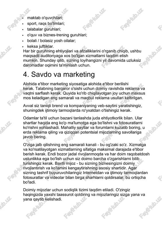 lan, o'quv markazlari yoki korporativ tadbirlarni va boshqa tadbirlarni outings bilan o'tkazadigan kompaniyalar bilan hamkorlik qilishga kelishib olishingiz kerak. bunday sheriklik ikkala tomon uchun ham foydali bo'ladi. 5. ishlab chiqarish rejasi asosiy maqsad - dam olish markazini ochish va daromadni ko'paytirish. loyiha keng miqyosli bo'lib, uni ochish uchun 4 oydan 8 oygacha vaqt kerak bo'ladi. ochilish jadvali bajarilish bosqichi / muddati, oylar 1 oy 2 oy 3 oy 4 oy 5 oy 6 oy er qidirish hujjatlarni rasmiylashtirish qurilish va ta'mirlash mebel va jihozlarni sotib olish va o'rnatish xodimlarni yollash kadrlar tayyorlash reklama kampaniyasini boshlash eng birinchi va eng muhim bosqich - bu baza uchun er qidirish. dam olish maskani joylashgan joyni tanlashning asosiy parametrlari: · go'zal tabiat (suv omborining mavjudligi, o'rmonlar yoqimli); · shahardan uzoqligi (1-2 soat shaxsiy yoki jamoat transportida); · er maydoni: 5-6 ga; · bazaning joylashishi qo'riqxonaning hududi bo'lmasligi kerak, aks holda ochishga ruxsat olish uchun …
