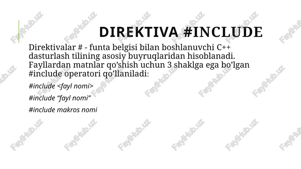 21 1 – misol: ikki sonni yig’indisi, ayirmasi va ko’paytmasini topuvchi dastur tuzing . 22 2 – misol: ikkita haqiqiy musbat son berilgan bo’lsin. ularning o’rta arifmetik va o’rta geometrik qiymatlarini toping . 23 2 – misol: ikkita haqiqiy musbat son berilgan bo’lsin. ularning o’rta arifmetik va o’rta geometrik qiymatlarini toping. 24 3 – misol: kubning qirrasi ma’lum bo’lsa, uning yon sirti va hajmi topilsin. 25 3 – misol: kubning qirrasi ma’lum bo’lsa, uning yon sirti va hajmi topilsin 26 etiboringiz uchun raxmat image2.jpg image3.png image4.png image5.png image6.png image7.png image8.png image9.png image10.png image11.png image12.png image13.png wo daduorpwne #include using namespace std; int main() af return 0; matematux | c++ xactypzamt matematu | c++ xactypaamt én | thanaa énonmn k @naumn |_thanga &nonuh ix| abs(x) tex tan(x) vx sqrt(x) arcsinx asin(x) x? pow(x,b) arccosx acos(x) e exp(x) aretgx atan(x) inx log(x) shx sinh(x) sinx sin(x) chx cosh(x) cosx cos(x) thx tanh(x) …