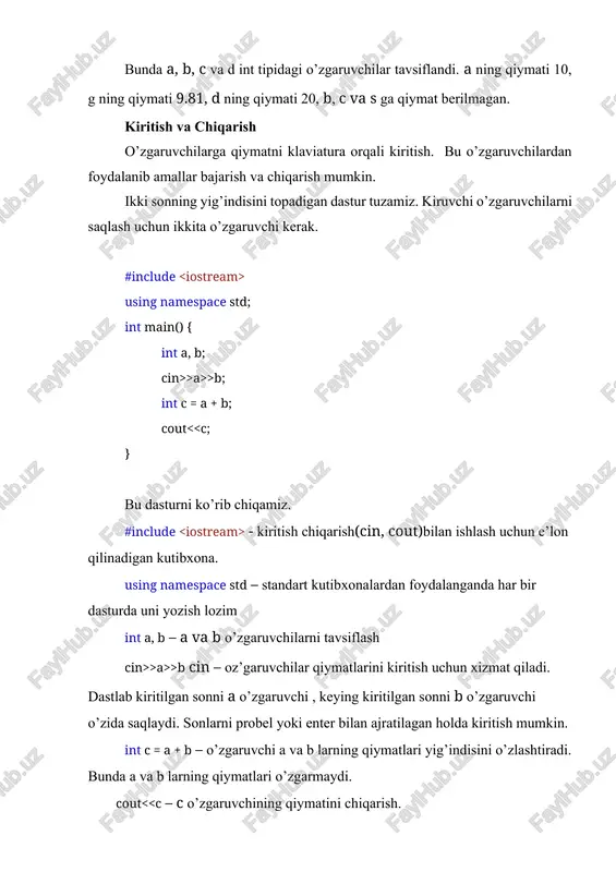 tilmoqda. c – bitta simvol kutilmoqda. s – satr kutilmoqda. f - float turidagi son kutilmoqda. kiritilayotgan sonning butun raqamlari va nuqtadan so’ng kasr raqamlari soni va e yoki e belgisidan so’ng mantissa raqamlari soni ko’rsatilishi mumkin. #include int main(void) { unsigned width, precision; int number = 256; double weight = 242.5; printf("what field width?\n"); scanf("%d", &width); printf("the number is :%*d:\n", width, number); printf("now enter a width and a precision:\n"); scanf("%d %d", &width, &precision); printf("weight = %*.*f\n", width, precision, weight); printf("done!\n"); return 0; } barcha amallar yuqoridan pastga, bir qatorda chapdan o’ngga bajarilib keladi. c++ da matematik funksiyalar. matemetik funksiyalardan foydalanish uchun cmath jutibxonasini e’lon qilish lozim. funksiya tavsifi misol abs( a ) fabs(a) a ning moduli a haqiyqiy son moduli abs(-3)= 3 abs(5)= 5 sqrt(a) a ning kvadrat ildizi sqrt(9)=3.0 pow(a, b) a ni b darajaga ko’tarish pow(2,3)=8 ceil( a ) a ni o’zidan kichik bo’lmagan eng kichik butun …