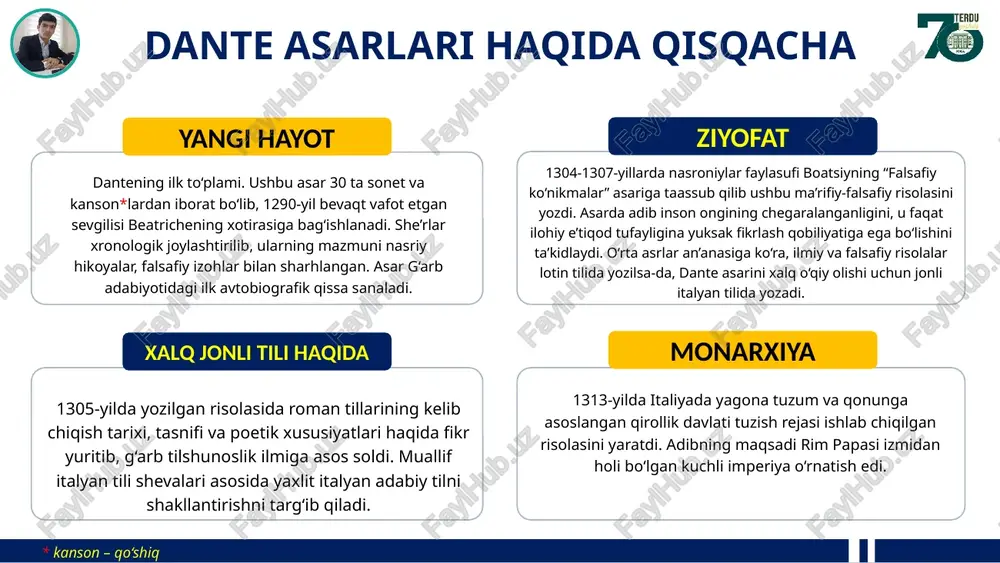 marotaba murojaat qiladi. dante “ilohiy komediya”da “eneida”dagi sujetlardan foydalanibgina qolmay, balki vergiliyni asosiy obrazlardan biri sifatida asariga kirgizadi. “ilohiy komediya”ning yaratilishi “do‘zax” qismida... bu qismda hayotda yashab o‘tgan turli toifaga mansub mashhur insonlarning shaxsiyatiga murojaat qiladi. aniqrog‘i, o‘rta asr yevropa adabiyotida birinchi bo‘lib inson surati va siyratini badiiy obrazlar vositasida talqin etadi, ularning bu dunyodagi a’molini u dunyoda baholashga harakat qiladi. do‘zax “do‘zax”ning 1-doirasida... limba axeron vergiliy “do‘zax”ning 3-qo‘shig‘ida dante vergiliy yetakchiligida do‘zax darvozasi oldida paydo bo‘ladi. vergiliy dantega “yalqov hamda pastkash kimsalar jazo tortayotgan do‘zax ostonasini ko‘rsatadi. ikkovlon do‘zax daryosi axeronga yaqin keladilar. shu on zilzila sodir bo‘lib, yashin chaqnaydi. dante bexush bo‘lib yiqiladi. u xushiga kelganda o‘zini do‘zaxning birinchi darvozasi – limbada ko‘radi. bu yerda nasroniy diniga mansub bo‘lmagan eney, gektor, sezar, katon, sulton salohiddin, aflotun, suqrot, demokrit, diogen kabi buyuk zotlar va cho‘qintirilmagan odamlar yengil jazoga mahkum etilgan edi. ular orasida sharq donishmandlari ibn sino va ibn …