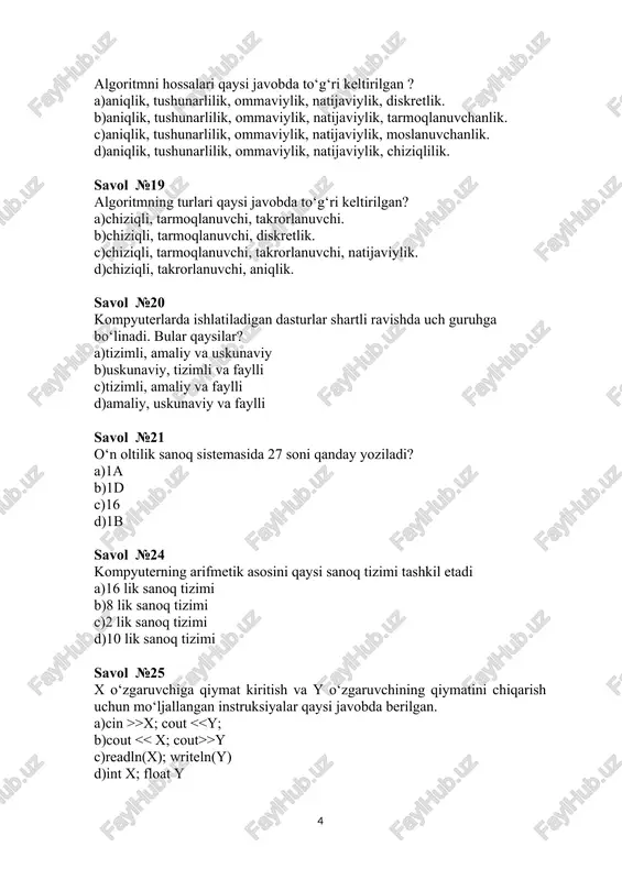 ng musbat emasligini savol №59 ushbu a%2!=0 mantiqiy ifoda qanday shartni rostlikka tekshiradi (barcha javoblarda butun sonlar nazarda tutilmoqda)? a)sonning manfiy emasligini b)sonning juftligini c)sonning musbatligini d)sonning toqligini savol №60 ushbu a%2==1 mantiqiy ifoda qanday shartni rostlikka tekshiradi (barcha javoblarda butun sonlar nazarda tutilmoqda)? a)sonning manfiy emasligini b)sonning musbat emasligini c)sonning musbatligini d)sonning toqligini savol №61 ushbu a =0 mantiqiy ifoda qanday shartni rostlikka tekshiradi (barcha javoblarda butun sonlar nazarda tutilmoqda)? a)sonning musbat emasligini b)sonning juftligini c)sonning musbatligini d)sonning manfiy emasligini savol №63 ushbu a 0 || b>0 mantiqiy ifoda qanday shartni rostlikka tekshiradi (barcha javoblarda butun sonlar nazarda tutilmoqda)? a)sonlarning bittasi juft va bittasi toq ekanligini b)sonlarning xar ikkalasi toq ekanligini c)sonlarning kamida bittasi musbat ekanligini d)sonlarning kamida bittasi toq ekanligini savol №65 ushbu …a%2==0 || b%2==0 mantiqiy ifoda qanday shartni rostlikka tekshiradi (barcha javoblarda butun sonlar nazarda tutilmoqda)? a)sonlarning kamida bittasi musbat ekanligini b)sonlarning kamida bittasi toq ekanligini …
