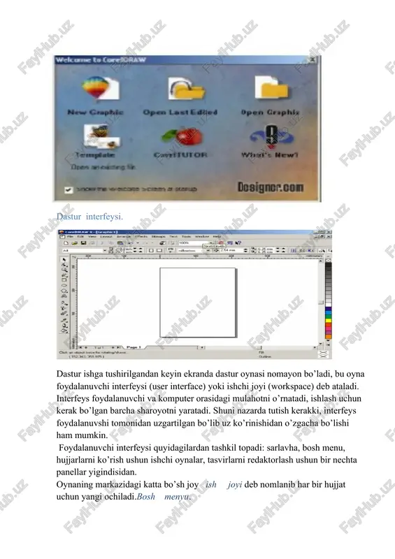 irish (corelturor), nima yangilik? (what is new?) yangi hujjatni yaratish uchun menuning fayl (file) va yangi hujjat buyrugi (new) yoki instrumentlar panelidagi maxsus tugma bosiladi. hujjatni ochish uchun, menuning fayl (file) va ochish (open) buyruglari yoki instrumentlar panelidagi maxsus tugmalar yordamida amalga oshiriladi. coreldraw dasturida bir vaqtning uzida bir nechta hujjatlar bilan ishlash imkoniyatlari bor, shu bilan birga kerak bo’lmagan hujjatlarni yopib qo’ysa ham bo’ladi. bu esa menuning fayl yopish(close) buyrugi erdamida amalga oshiriladi dastur interfeysi. dastur ishga tushirilgandan keyin ekranda dastur oynasi nomayon bo’ladi, bu oyna foydalanuvchi interfeysi (user interface) yoki ishchi joyi (workspace) deb ataladi. interfeys foydalanuvchi va komputer orasidagi mulahotni o’rnatadi, ishlash uchun kerak bo’lgan barcha sharoyotni yaratadi. shuni nazarda tutish kerakki, interfeys foydalanuvshi tomonidan uzgartilgan bo’lib uz ko’rinishidan o’zgacha bo’lishi ham mumkin. foydalanuvchi interfeysi quyidagilardan tashkil topadi: sarlavha, bosh menu, hujjarlarni ko’rish ushun ishchi oynalar, tasvirlarni redaktorlash ushun bir nechta panellar yigindisidan. oynaning markazidagi katta bo’sh …