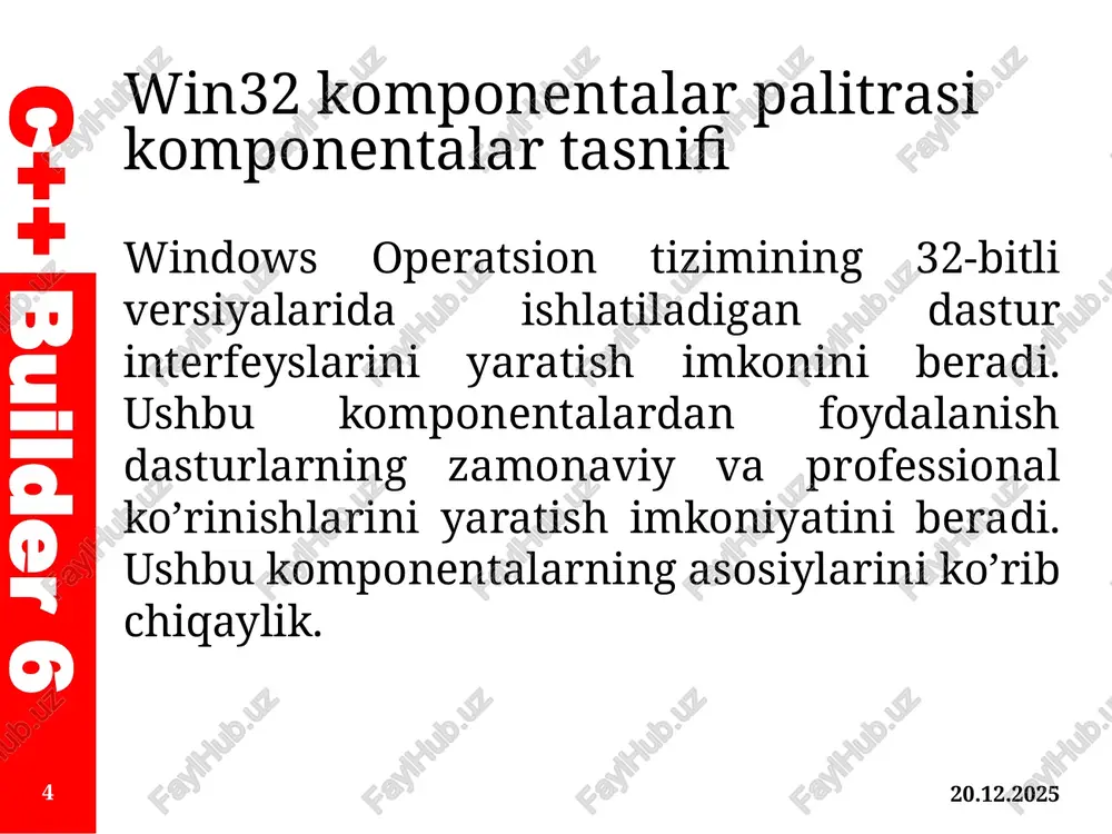 asturlari orasidagi dinamik almashinuv rejimini o'rnatadi. ddeserverltem (dde serverining ma'lumotlar elementi) – dde serverining dinamik muloqot tartibini belgilaydi. 18.04.2022 17 c++ builder 6 18.04.2022 18 e'tiboringiz uchun raxmat! c++ builder 6 image1.png image2.png tpagecentrl tredear p teanteox & timer es. tmedaplayer “8¢) tolecontaner <q) teomacnincatalog fy tddecientconv by tdecientitem hy tddeserverttem /docprops/thumbnail.jpeg 9 j0piing base) additional xommoxentaaap maaitrpacit komtiohehtaaapit épaammaa aactypaapait aoinxaaant ‘by manpyss aitinal xrercap plancpliecsomentsape passes ceerepsspey ceoniam ype vepaicies poms nia