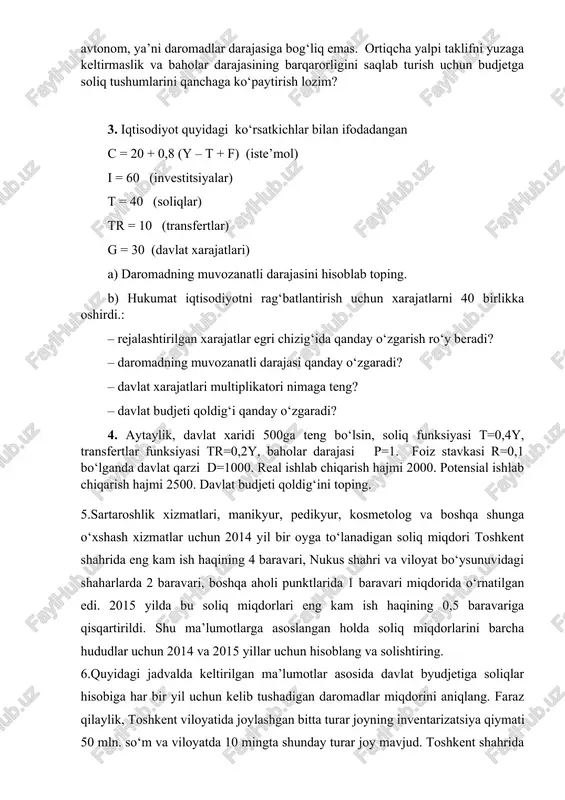 ring. soliq solinadigan ob’yektlarning nomi soliq stavkasi, mol-mulkning inventarizatsiya qiymatiga nisbatan %da 2012 yil uchun 2013 yil uchun 2014 yil uchun 2015 yil uchun turar joylar, kvartiralar dala hovli qurilmalari, garajlar va boshqa imoratlar, xonalar va inshootlar* 0,9 1,04 1,2 shaharlarda joylashgan umumiy maydoni quyidagicha bo‘lgan turar joylar va kvartiralar: 200 kv.m dan oshiq va 500 kv.m gacha bo‘lgan 1,1 1,25 1,4 1,6 500 kv.m dan oshiq bo‘lgan 1,35 1,55 1,8 2,2 *shaharlarda joylashgan, umumiy maydoni 200 kv.m dan oshiq bo‘lganlari bundan mustasno. testlar 1. quyida keltirilgan fikrlarning qaysi biri noto’g’ri? a) soliq stavkalarining pasaytirilishi inflyatsiya sur'ati ko’tarilishi ehtimolini to’liq bartaraf qiladi b) davlat qarzining to’lash xarajatlarining ortishi soliq stavkalarini pasaytirish imkoniyatini kamaytiradi c) soliq islohotlari soliq stavkalarini pasaytirish, soliq bazasini kengaytirish, va turli kategoriyadagi soliq to’lovchilar orasida soliq yukini teng taqsimlash maqsadlarini ko’zda tutadi d) soliq stavkalarini pasaytirish budjetning soliq tushumi ko’rinishidagi daromadlari pasayishiga olib kelishi mumkin 2. xarajatlar …