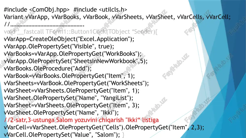 et.olepropertyget("cells").olepropertyget("item", i+2,4); cell.olepropertyset("value", adotable1->fieldbyname("tug'ilgan_sanasi")->asvariant); cell=sheet.olepropertyget("cells").olepropertyget("item", i+2,5); cell.olepropertyset("value", adotable1->fieldbyname("tel")->asvariant); adotable1->next(); } } eksportning so’ngi qiymatini label ga chiqarish … adotable1->next(); } ansistring a=cell.olepropertyget("value"); label1->caption=a; } e’tiboringiz uchun rahmat /docprops/thumbnail.jpeg ‘mapaywottapa ms excelra wna