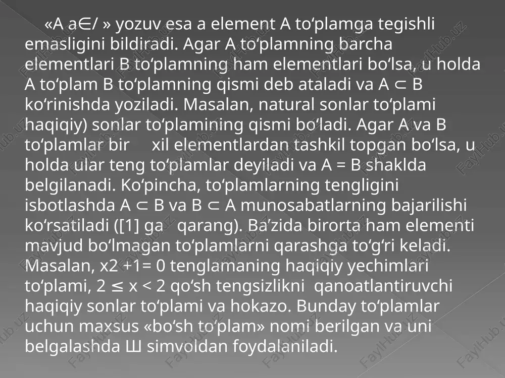 kslantirishlarda a = [0;3) to‘plamning tasviri va b = (1;4) to‘plamning aslini toping. yechish. f akslantirish [0;∞) da o‘suvchi va uzluksiz funksiya bo‘lganligi uchun f ([0;3)) = [0;9) bo‘ladi. g([0;3)) esa [0;3) dagi butun sonlardan, ya’ni g([0;3)) = {0;1;2} dan iborat. endi b = (1;4) to‘plamning aslini topamiz: f −1(b) = (−2;−1)u (1;2), g −1 (b) = [2;4). 2.8. 2.3 va 2.4 akslantirishlarda a = r \ q to‘plamning tasviri va b = (1;∞) to‘plamning aslini toping. yechish. d va r akslantirishlar r \ q to‘plamning barcha elementlariga nolni mos qo‘yadi, shuning uchun d(r \ q) = r(r \ q) = {0}. dirixle va riman funksiyalarining 1 dan katta qiymatlari mavjud emas shuning uchun d−1 (b) = r−1 (b) = sh quyidagi tushunchalarni kiritamiz. aniqlanish sohasi x bo‘lgan f : x →y akslantirishda f (x ) = y tenglik bajarilsa, f akslantirish x to‘plamni y to‘plamning ustiga yoki syuryektiv akslantirish …