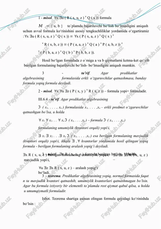 ’rifga ko’ra “0 q ko’rinishda belgilanadi. implikatsiya amaliga “agar …, bo’lsa, u holda, … bo’ladi” kabi bog’lovchi so’zlar mos keladi. masalan, p: ”5*5=25” – rost, q: ”6*6=36” - rost, p=>q: ”agar 5*5=25 bo’lsa, u holda 6*6=36” bo’ladi – rost. p=>q implikatsiya quyidagicha o’qiladi: “p dan q kelib chiqadi”, “p bo’lishi uchun q ning bo’lishi zarur”, “p mulohaza q mulohaza uchun etarli”. implikatsiya amaliga quyidagi rostlik jadvali mos keladi: p q p=>q 1 1 1 1 0 0 0 1 1 0 0 1 5. ekvivalensiya amali. ta’rif: p va q mulohazalarning ekvivalensiyasi deb p va q larning bir xil qiymatlarida rost, turli qiymatlarida yolg’on bo’lgan yangi mulohazaga aytiladi va uni  ko’rinishda belgilanadi. ekvivalensiya amaliga “agar … bo’lsa, shu holda va faqat shu holda ... bo’ladi”, “...bajarilishi uchun ... bajarilishi zarur va etarli” kabi bog’lovchi so’zlar mos keladi. masalan, p: “berilgan natural son 3 ga bo’linadi”, q: “berilgan sonning raqamlar …