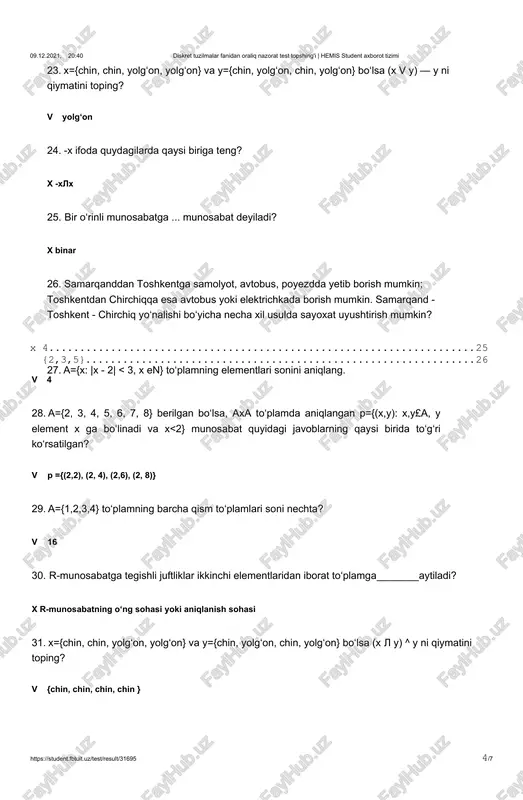 =0} to‘plamlar berilgan bo‘lsa, a va b to‘plamlarning ko‘paytmasini toping. · {-5} 29. a={2, 3, 4, 5, 6, 7, 8} berilgan bo‘lsa, axa to‘plamda aniqlangan p={(x,y): x,yea, y element x ga bo‘linadi va x=y} munosabat quyidagi javoblarning qaysi birida to‘g‘ri ko‘rsatilgan? · p ={(2,2), (3, 3), (4,4), (5, 5), (6, 6), (7, 7), (8, 8)} 30. x va y mulohazalarning implikatsiyasi deb qiymat qabul qiladi? · shunday yangi x ^y mulohazaga aytiladiki, bu yangi mulohaza x mulohaza “chin” va y mulohaza “yolg‘on” bo‘lganda “yolg‘on” boshqa hollarda esa “chin” 31. agar orgrafning istalgan ikkita uchini har bir yo‘nalishda tutashtiruvchi faqat bittadan yoy mavjud bo‘lsa, u holda unga deb ataladi. x aralash 32. agar mashrut yagona qirradan iborat bo‘lsa .... deb ataladi. 09.12.2021, 21:27 diskret tuzilmalar fanidan oraliq nazorat test topshirig'i | hemis student axborot tizimi · notrivial marshrut https://student.fbtuit.uz/test/result/31695 #/7 https://student.fbtuit.uz/test/result/31695 11/7 33. “matbuot tarqatuvchi” do‘konida 7 xil konvert va 6 …