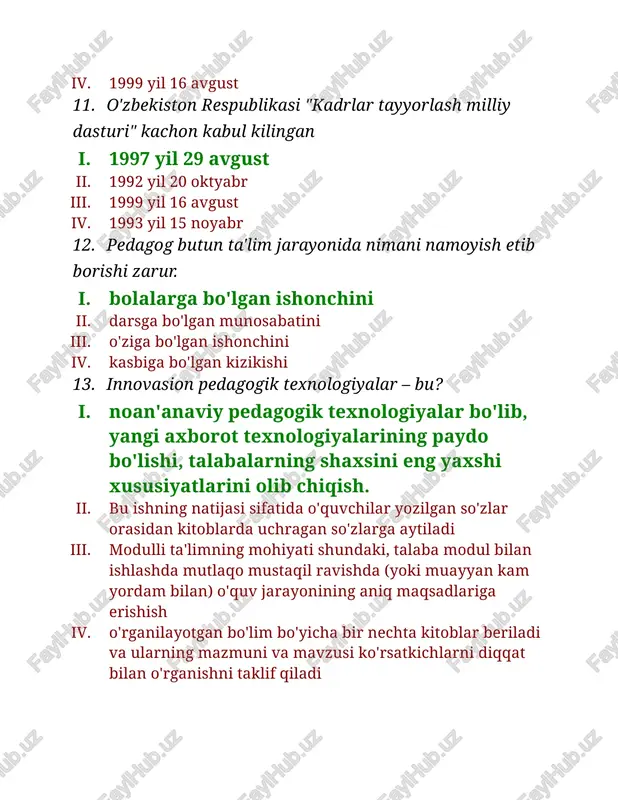 an bulib ruxiy xolat degan ma'noni anglatadi ii. odob-axlok tushunchasini anglatadi iii. madaniyatli, odobli, axlokli ma'nosini anglatadi iv. bilimli, odobli, madaniyatli ma'nosini anglatadi 22. pedagogika tarakkiyotida goyaviy-ilmiy muammolarning urni i. pedagogikaning fan sifatida tarakkiyoti uchun asos ii. pedagogik jarayonni tugri tashkil etish uchun asos iii. ukituvchilar, tarbiyachilar, ustozlar uchun kullanma iv. pedagogika mutaxassisliklari uchun kullanma 23. pedagogikaning ilmiy tadkikod usullari i. maktab xujjatlarini urganish takdirlash, jazolash ii. ishontirish, urgatish va mashk kildirish iii. pedagogik kuzatish, suxbat, pedagogik tajriba iv. ma'ruza ximoya, tushuntirish, muammoli ta'lim 24. yetuk shaxs bo'lgandagi sifatlarni aniqlang i. aqliy, jismoniy yetukligi ii. zexn utkirligi iii. ma'naviy pokligi iv. iktidorliligi va madaniyatliligi 25. ta'lim maksadini belgilash omillari i. jamiyatning ijtimoiy mafkuraviy, ma'naviy shart-sharoitlari ii. pedagog, ota-ona, ukituvchilarning xoxish istaklari iii. jamiyat tarakkiyotining istikboli iv. jamiyat tarakkiyotining ijtimoiy extiyojlari 26. o'z-o'zini baholash deganda nima tushuniladi ? i. shaxsning o'z psixologik sifatlari, xulqi, yutuqlari va muvaffaqiyatsizliklari, qadr-qimmati, kamchiliklarini baholash ii. …