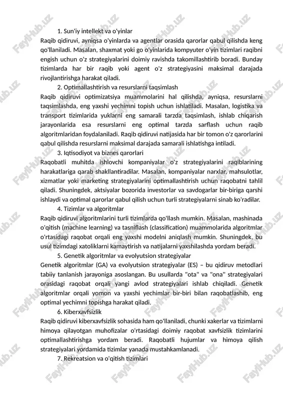 zlik raqib qidiruvi kiberxavfsizlik sohasida ham qo'llaniladi, chunki xakerlar va tizimlarni himoya qilayotgan muhofizalar o'rtasidagi doimiy raqobat xavfsizlik tizimlarini optimallashtirishga yordam beradi. raqobatli hujumlar va himoya qilish strategiyalari yordamida tizimlar yanada mustahkamlanadi. 7. rekreatsion va o'qitish tizimlari o'qitishda va trening jarayonlarida raqobat qidiruvi tizimlar yordamida o'quvchilar yoki o'rganuvchilar o'rtasida musobaqa tashkil etilishi mumkin. masalan, testlarni va o'quv dasturlarini optimallashtirishda o'quvchilarning qobiliyatini rivojlantirish va o'qituvchilarga samarali yondashuvlarni taklif qilish uchun raqobatga asoslangan metodlar ishlatiladi. raqib qidiruvi (competitive search) misol: minimax algoritmi: def minimax(depth, nodeindex, ismax, values, alpha, beta): if depth == len(values): return values[nodeindex] if ismax: best = -float('inf') for i in range(2): value = minimax(depth + 1, nodeindex * 2 + i, false, values, alpha, beta) best = max(best, value) alpha = max(alpha, best) if beta <= alpha: break return best else: best = float('inf') for i in range(2): value = minimax(depth + 1, nodeindex * 2 + i, true, …