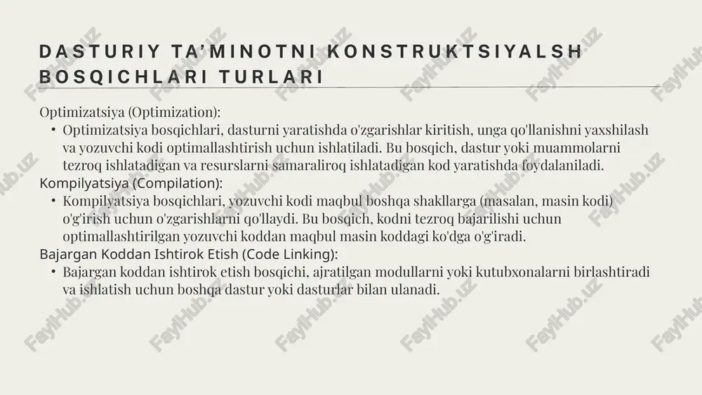 son qiladi. kodni tuzish: dastur tuzilishini hamda arxitekturaviy o'zgaruvchanlarni ko'rsatadigan ishga tushirish (blueprint) yaratish. bu, dasturni yozuvchi va boshqa dasturlovchilarga dasturni ishlab chiqish uchun kerakli yo'nalishlarni ko'rsatishda yordam bera oladi. dasturni bo'ldirish: dastur yaratilganida uning doimiy ishlashiga, monitoring qilishga, qo'llanishini oshirishga va qo'llab-quvvat qilishga bo'lgan yo'l haritasi yaratish. dasturni o'zgartirishlar, qo'shimchalar va boshqa yangilanishlarni nazorat qilish uchun dasturni bo'ldirishning vaqti keladi. maqbul o'rnatilishi: dastur bajarilgan va maqbul o'rnatilganida, dasturni yaratish jarayonida tasavvur qilingan tuzilishga mos ravishda ishlaydi. bu bosqich, kodlarning tuzilishini va qo'llanuvchilarga ma'lumotlarin qanday yetkazilishi kerakligini aniqlash uchun muhimdir. struktura (system design): boshqaruvni tuzish: dasturni boshqarish tizimi, monitoring va muhokama qilishni o'z ichiga oladigan boshqaruv vositalarini taqdim etish. boshqaruv tizimi dastur muvaffaqiyatini nazorat qiladi va muammo yuzaga kelganda uni tez tuzatish imkoniyatini beradi. struktura bosqichi, dastur yaratilish jarayonida o'zining o'zlashtirilgan yurituvchi platformasini tuzishda muhim rol o'ynaydi. struktura (system design): loihalarni yaratish (prototyping) bosqichi, dasturlash loyihalarni o'zlashtirish va rivojlantirishning bir …