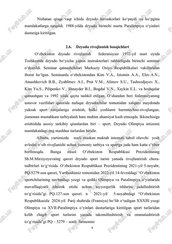 min a.a., elov.a.n., amashkevich b.b., zyablitsev a.i., prut v.m., alimov s.u., tashxodjayev x., kim yu.s., pilipenko v., shnayder b.i., bogdal v.n., xaykin e.l. va boshqalar qatnashgan va 1992 yilda qayta tashkil etilgan. o‘shandan beri federatsiyaning ustuvor vazifalari qatorida nafaqat dzyudochilar tomonidan xalqaro maydonda yuksak sport natijalariga erishish, balki yoshlarni harmnochno-rivojlangan, jismonan mustahkam tarbiyalash ham muhim ahamiyat kasb etmoqda. ikkinchisiga erishishda asosiy tarkibiy qismlardan biri – sport. dzyudo olimpiya intizomi mamlakatdagi eng mashhur turlardan biridir. albatta, yurtimizda nurli maskan maktab internati tahsil oluvchi yosh avlodni o‘sib rivojlanishi uchun jismoniy tarbiya va sportga juda ham katta e’tibor berilmoqda. bunga misol o‘zbekiston respublikasi prezidentining sh.m.mirziyoyevning qarori dzyudo sport turini yanada rivojlantirish chora-tadbirlari to‘g‘risida. o‘zbekiston respublikasi prezidentining 2021-yil 5-noyabr, pq-5279-son qarori, yurtboshimiz tomonidan 2022-yil 14-fevraldagi “o‘zbekiston sportchilarining navbatdagi yozgi va qishki olimpiya va paralimpiya o‘yinlarida muvaffaqiyatli ishtirok etishi uchun tayyorgarlik ishlarini jadallashtirish to‘g‘risida”gi pq-127-son qarori. n 2021-yil 5-noyabrdagi “o‘zbekiston respublikasida 2024-yil parij shahrida (fransiya) …