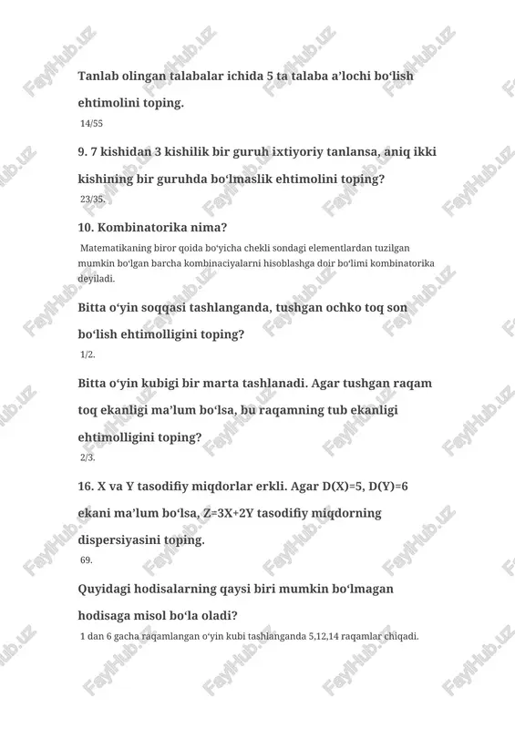 isalar ehtimollarini qo‘shish teoremasini ifodalaydi? p(a+b)=p(a)+p(b), 22. qutida 5 ta bir xil, raqamlan(1dan 5gacha)gan kubik bor. tavakkaliga bitta-bittadan barcha kubiklar olinganda kubiklarning raqamlari o‘sib borish tartibida chiqishi ehtimolligini toping. 1/120 muqarrar hodisa ro‘y berganda uning ehtimoli qaysi raqamni qabul qiladi? 1 ni, qutida 5 ta bir xil buyum bo‘lib, ularning 3 tasi bo‘yalgan. tavakkaliga 2 ta buyum olinganda ular orasida 1 ta bo‘yalgan bo‘lishi ehtimolligini toping. 6/10 27. qutida 4 ta qora va 5 ta oq shar bor. qutidan tavakkaliga olingan ikkita sharning ikkalasi ham oq shar bo‘lishi ehtimolligini toping? 5/18. savatda 30 ta olma va 20ta nok bor. savatdan tavakkaliga bitta meva olinganda uning nok bo‘lish ehtimolligini toping? 2/5. bitta o‘yin kubigi bir marta tashlanadi. agar tushgan raqam toq ekanligi ma’lum bo‘lsa, bu raqamning tub ekanligi ehtimolligini toping? 2/3. idishdagi sharlarning 40% oq, 1/3 qismi qora, qolganlari esa qizil rangda. idishdan tavakkaliga bitta shar olindi. olingan sharning qaysi rangda …